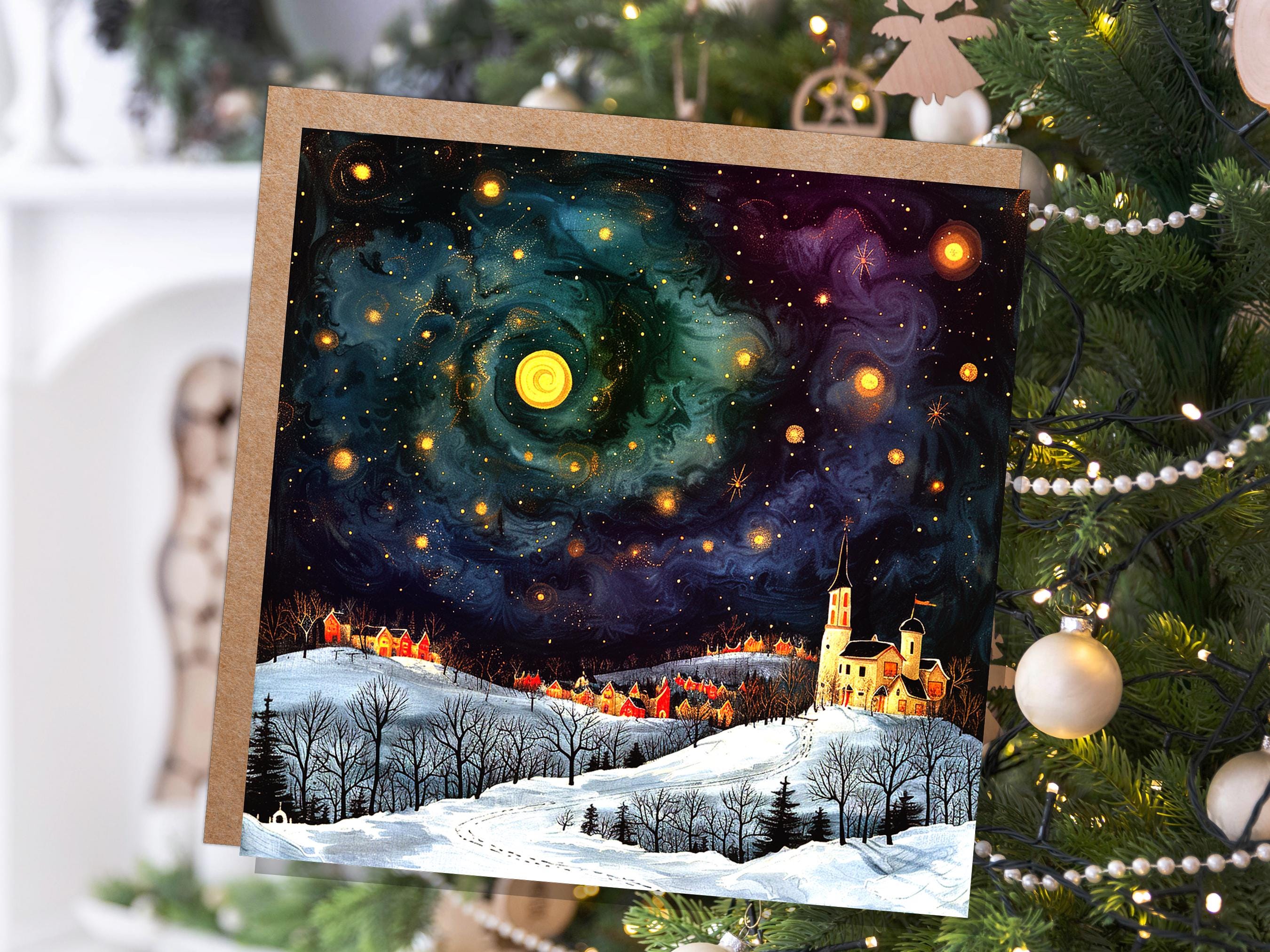 Starry Night Christmas Village Card Cosmic Winter Sky Scene Celestial Landscape Painting Swirling Galaxy Whimsical Moody Nordic Folk Art - View 8