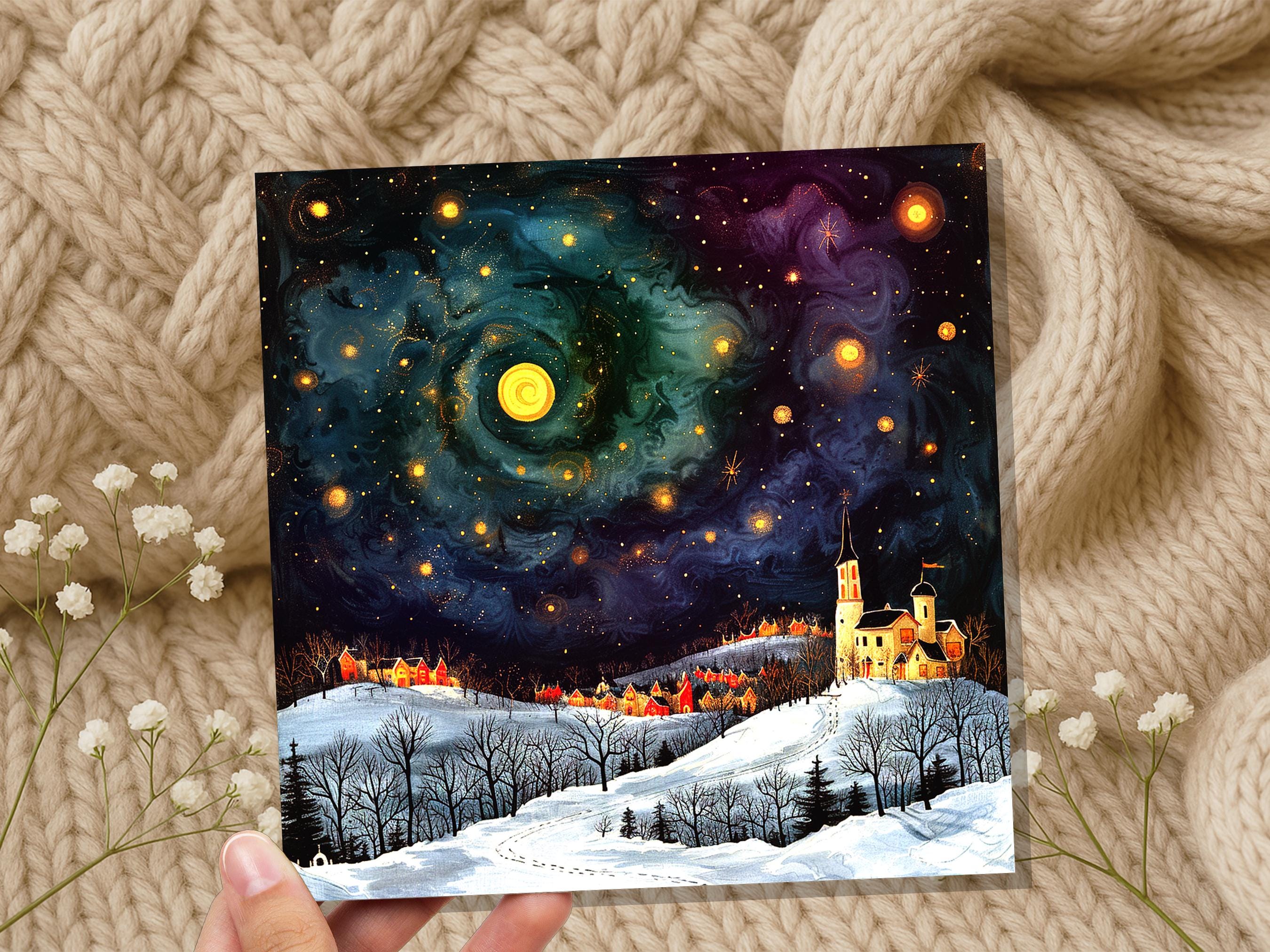 Starry Night Christmas Village Card Cosmic Winter Sky Scene Celestial Landscape Painting Swirling Galaxy Whimsical Moody Nordic Folk Art - View 5