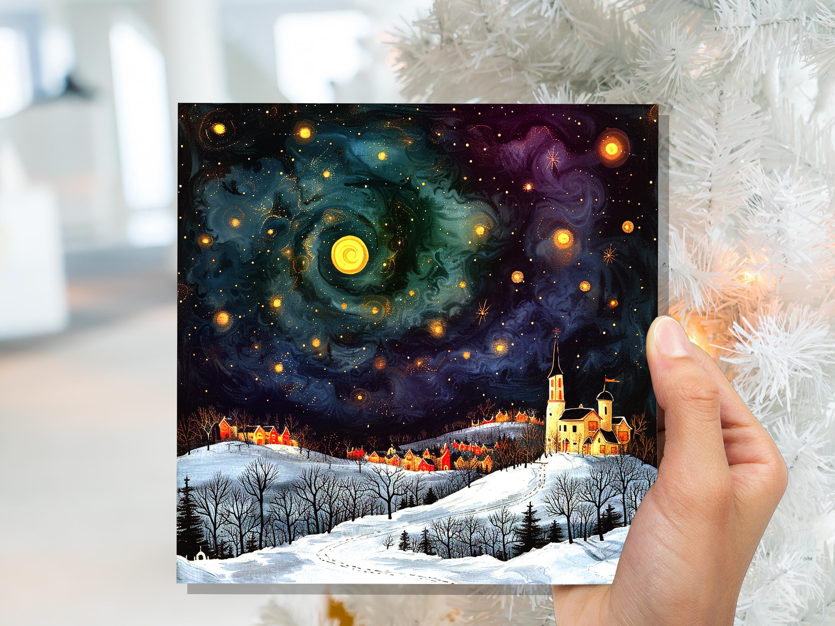 Starry Night Christmas Village Card Cosmic Winter Sky Scene Celestial Landscape Painting Swirling Galaxy Whimsical Moody Nordic Folk Art - View 3