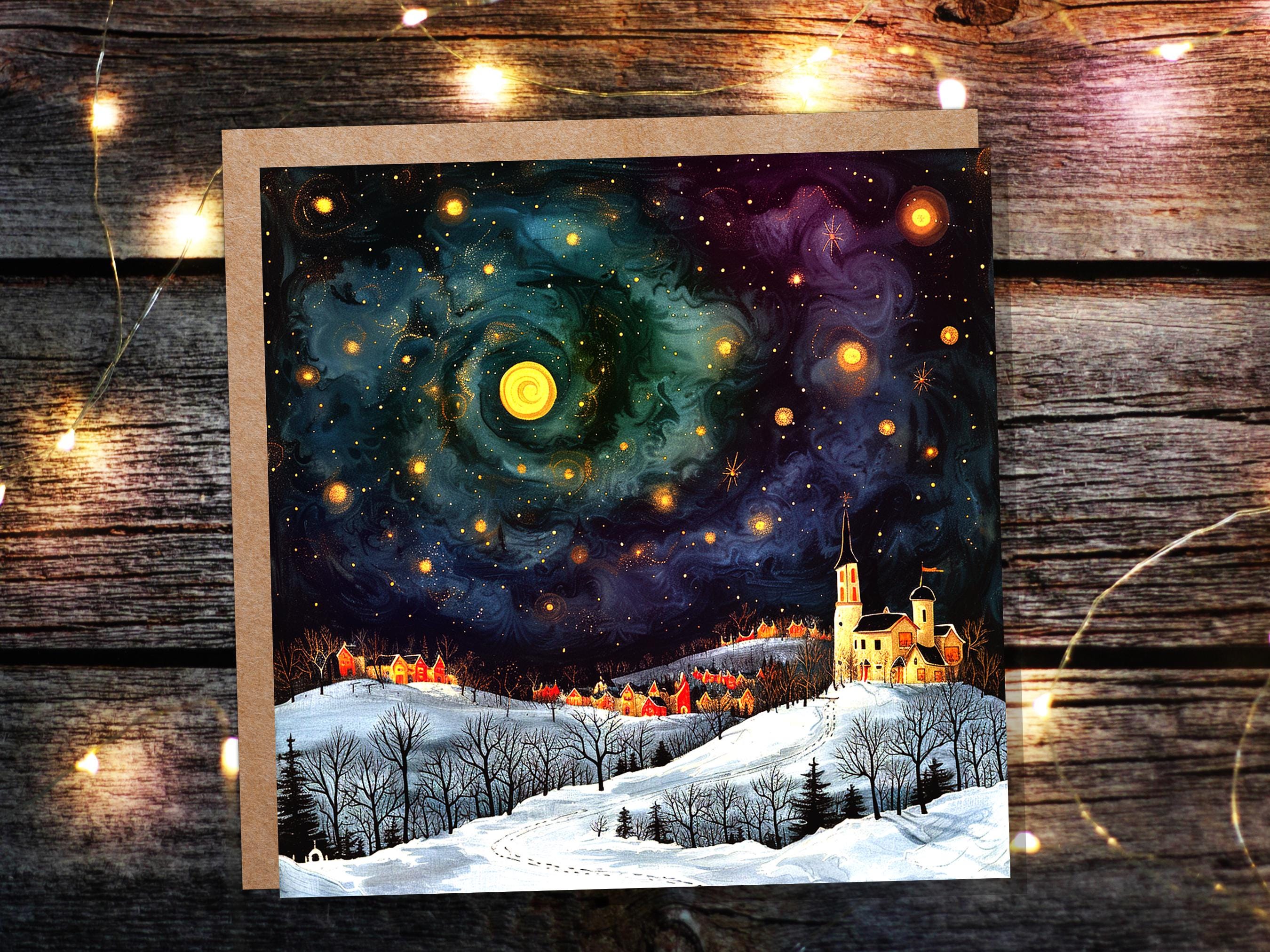 Starry Night Christmas Village Card Cosmic Winter Sky Scene Celestial Landscape Painting Swirling Galaxy Whimsical Moody Nordic Folk Art - View 9