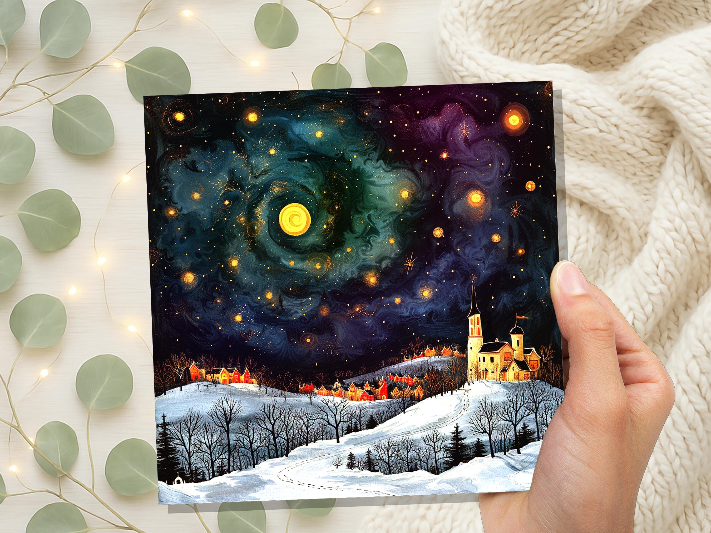 Starry Night Christmas Village Card Cosmic Winter Sky Scene Celestial Landscape Painting Swirling Galaxy Whimsical Moody Nordic Folk Art - View 4