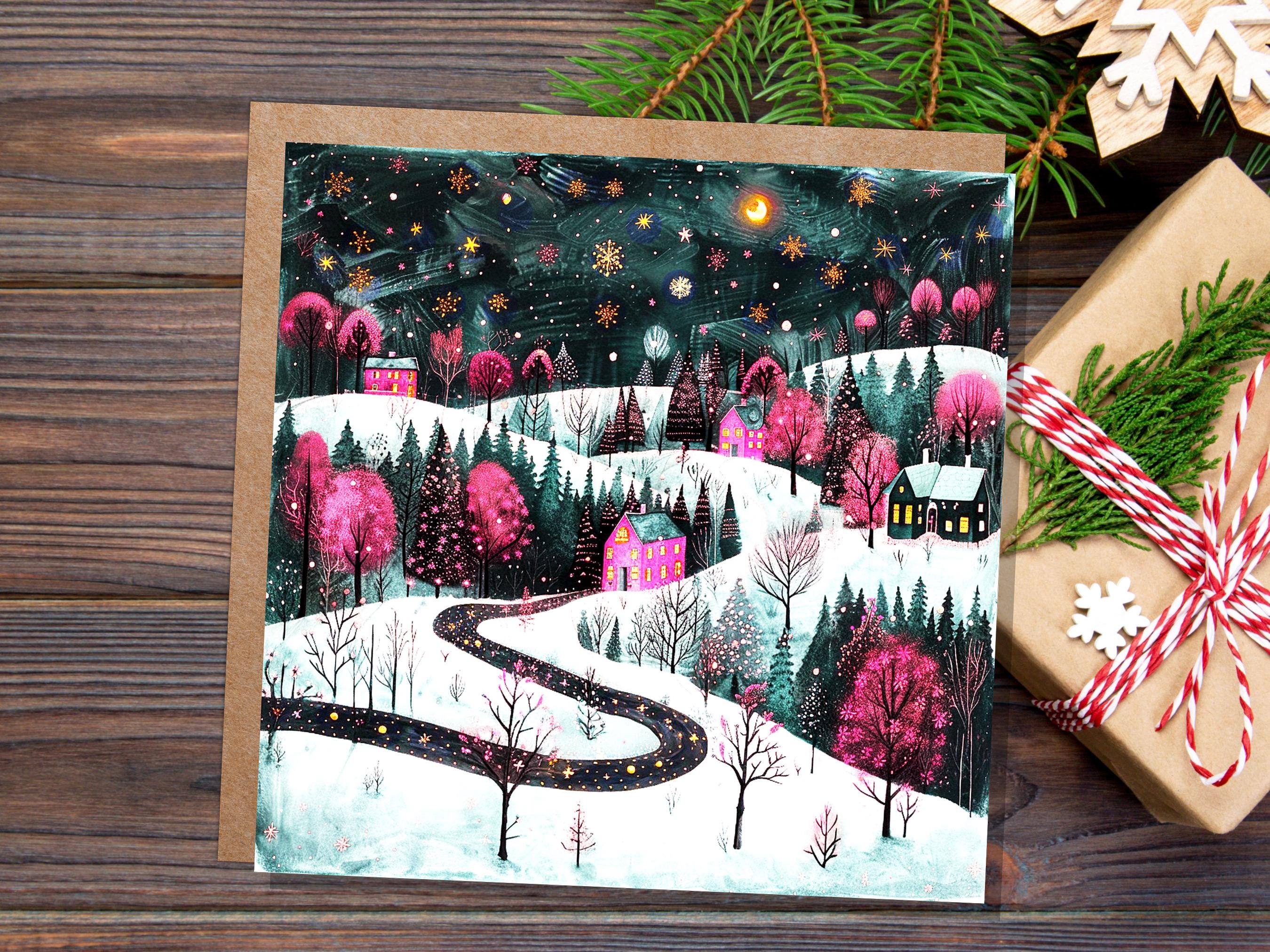 Pink Christmas Card Winter Village Night Scene Starry Snowy Folk Art Moody Festive Landscape Magical Woodland Cosy Cottages Whimsical Snow - View 7