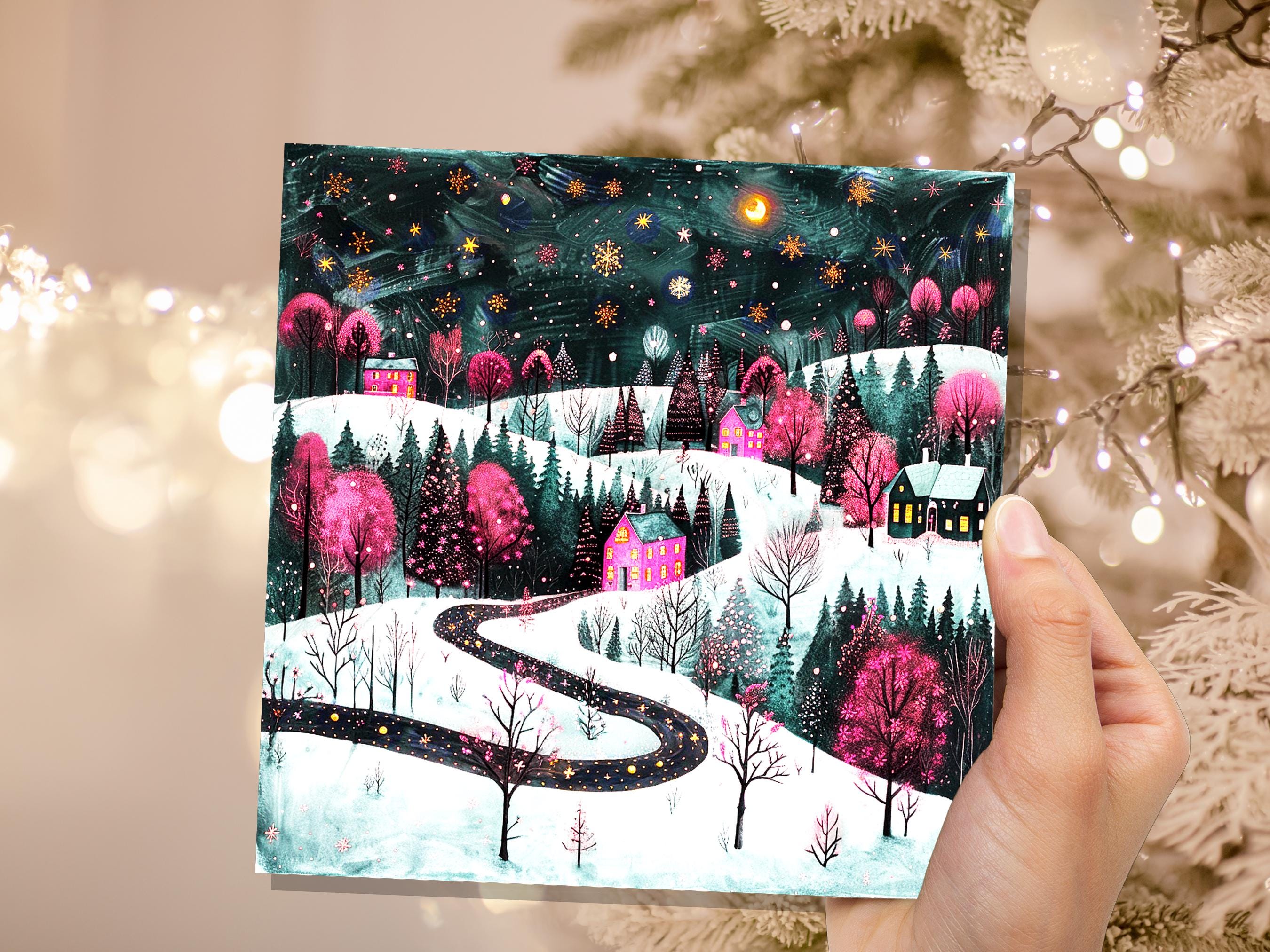Pink Christmas Card Winter Village Night Scene Starry Snowy Folk Art Moody Festive Landscape Magical Woodland Cosy Cottages Whimsical Snow - View 3