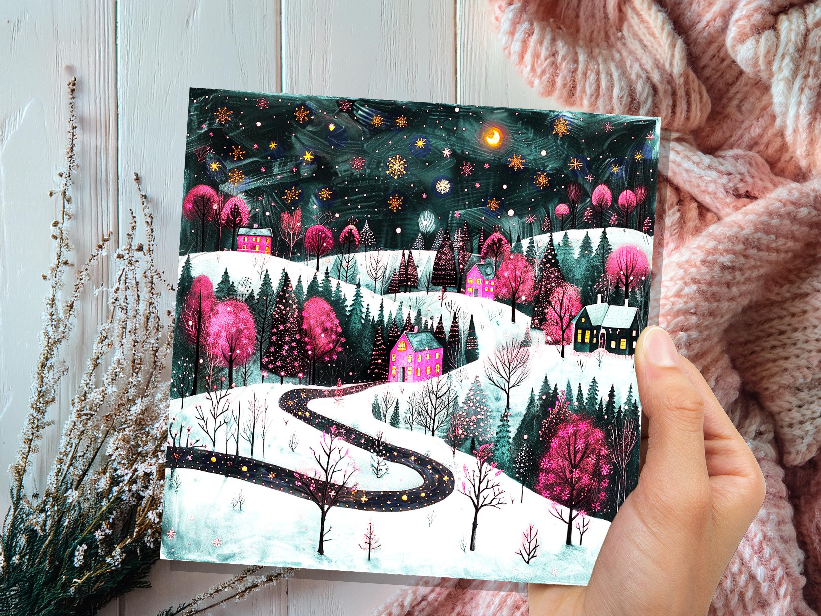 Pink Christmas Card Winter Village Night Scene Starry Snowy Folk Art Moody Festive Landscape Magical Woodland Cosy Cottages Whimsical Snow