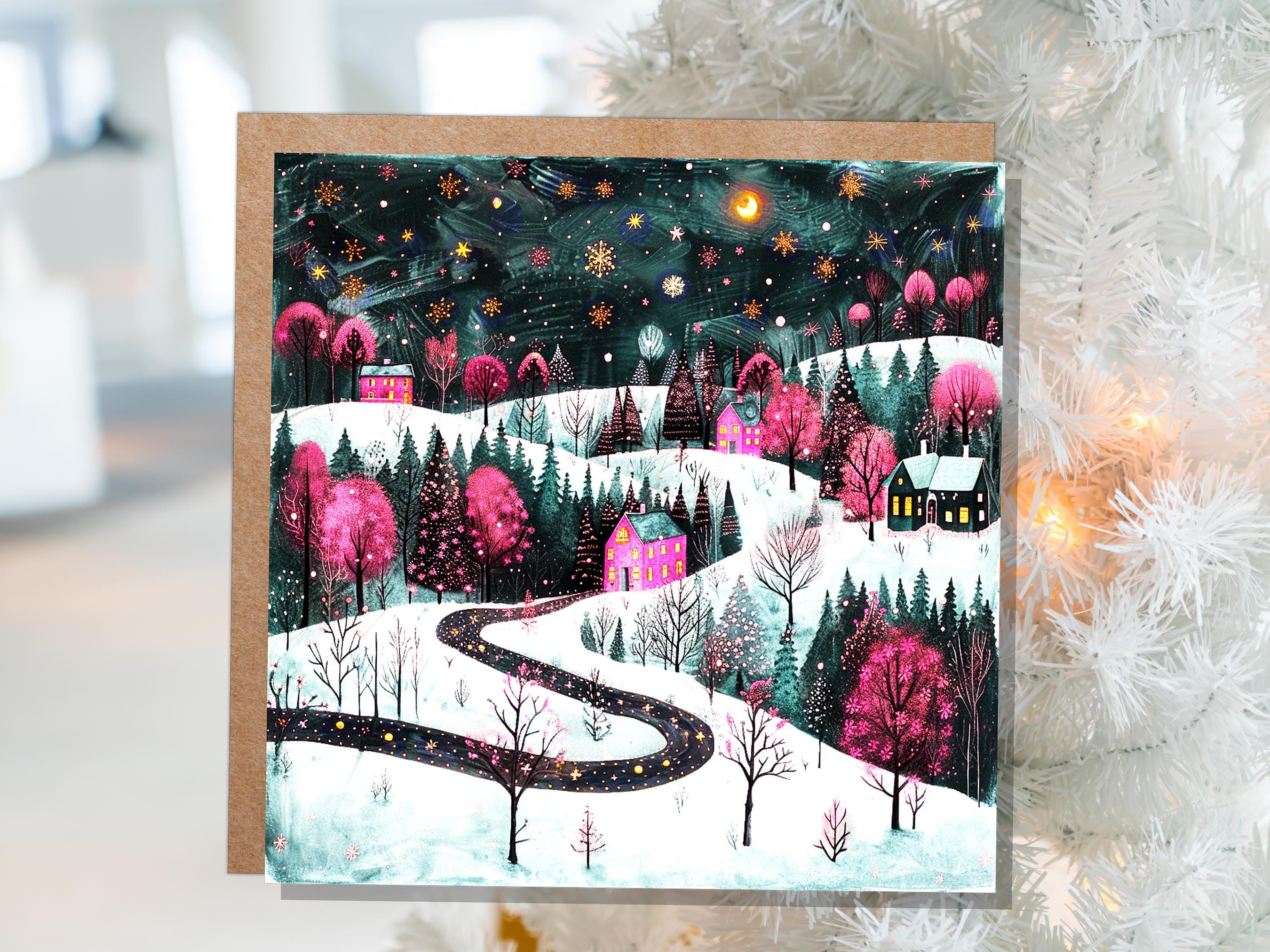 Pink Christmas Card Winter Village Night Scene Starry Snowy Folk Art Moody Festive Landscape Magical Woodland Cosy Cottages Whimsical Snow - View 9