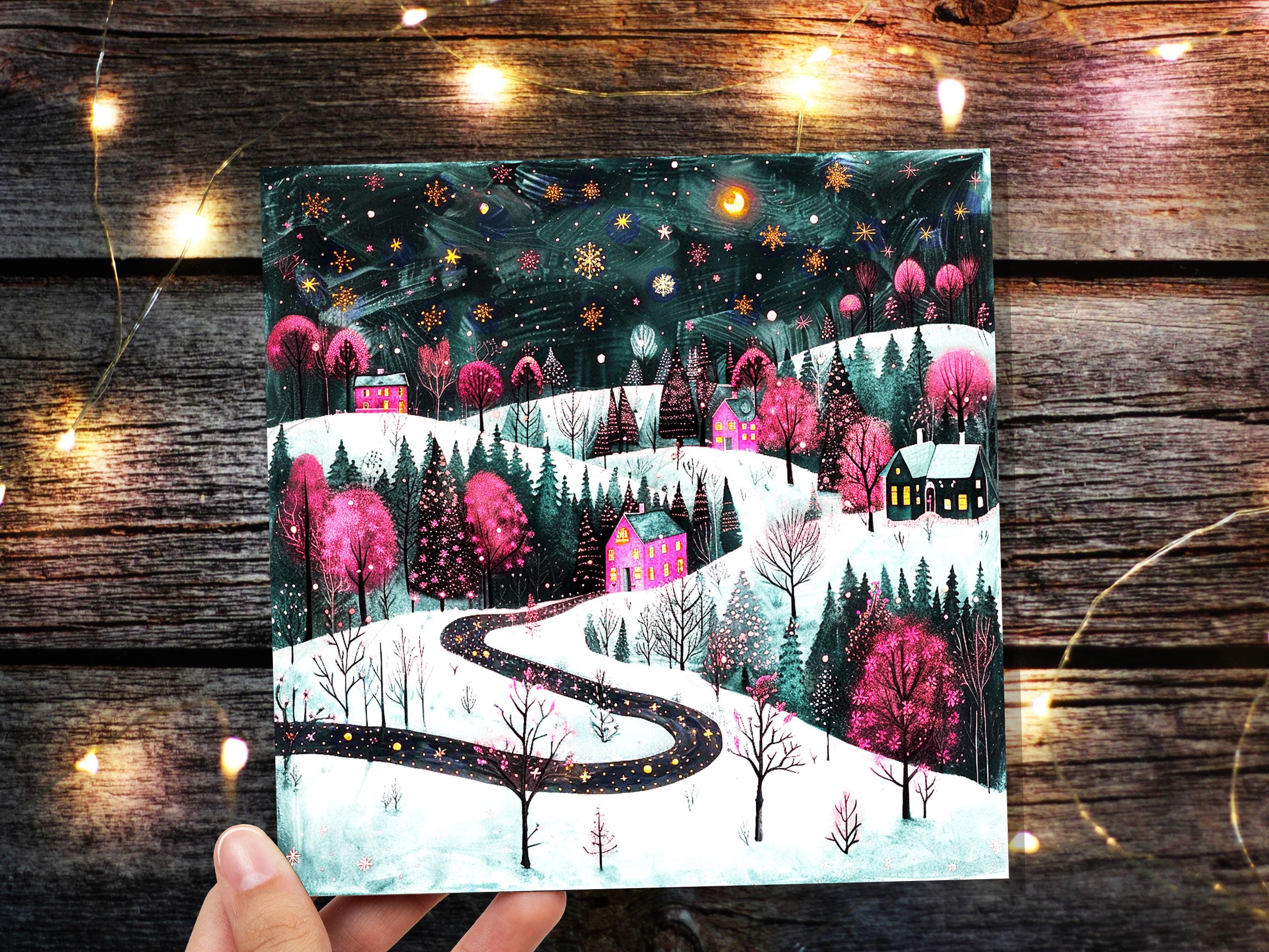 Pink Christmas Card Winter Village Night Scene Starry Snowy Folk Art Moody Festive Landscape Magical Woodland Cosy Cottages Whimsical Snow - View 4