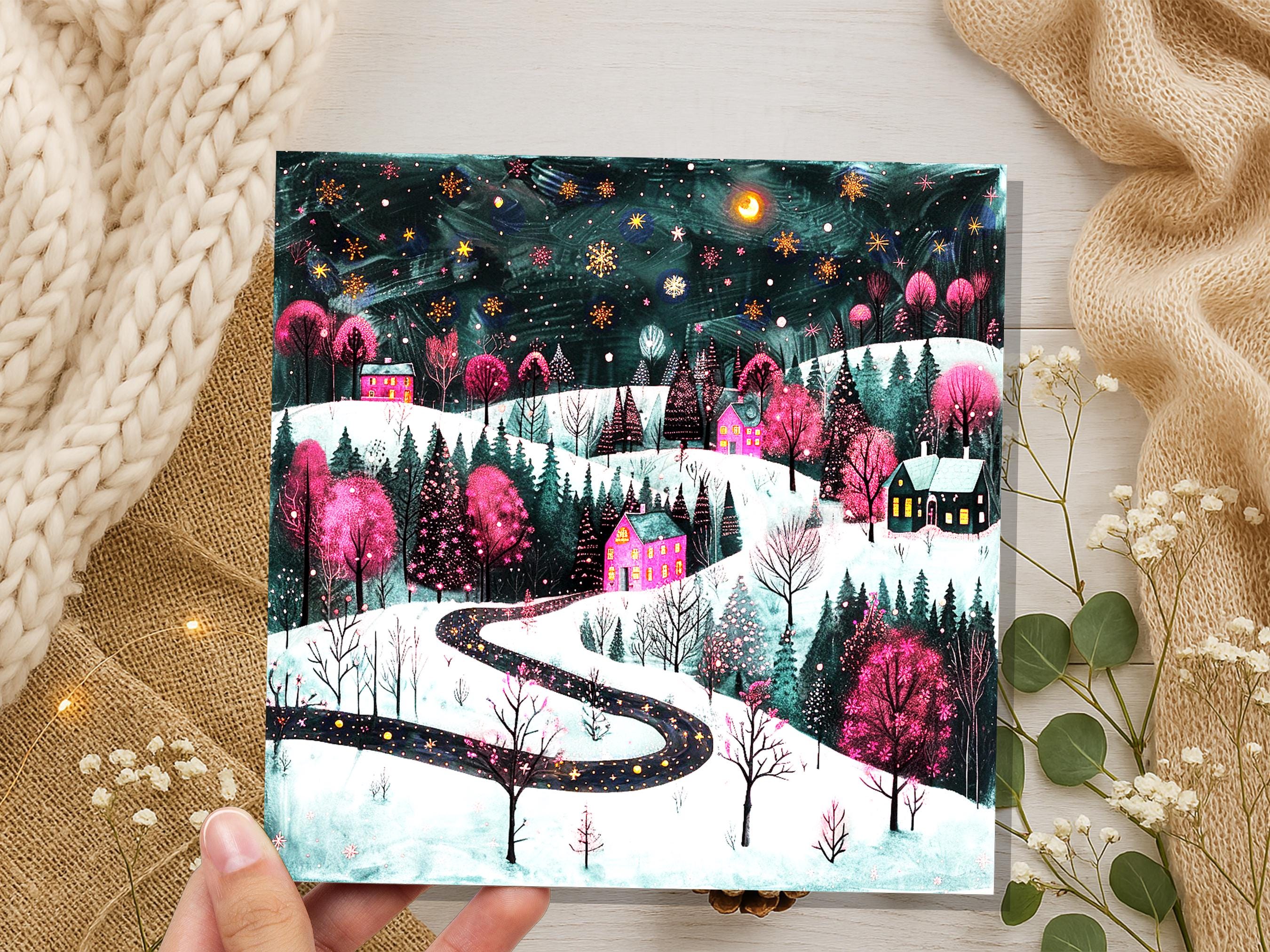 Pink Christmas Card Winter Village Night Scene Starry Snowy Folk Art Moody Festive Landscape Magical Woodland Cosy Cottages Whimsical Snow - View 6