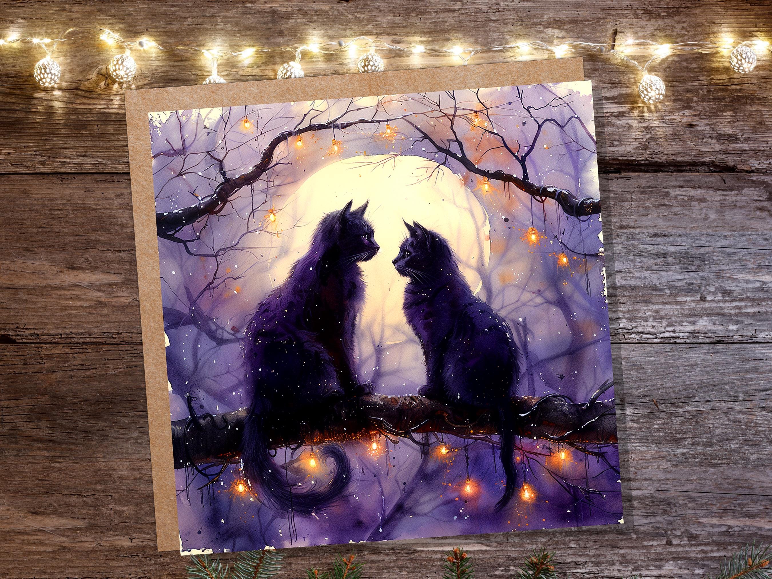 Mystical Black Cats Watercolour Card Full Moon Cat Silhouette Gothic Celestial Night Scene Magical Cat Lovers Purple Anniversary Wedding - View 8