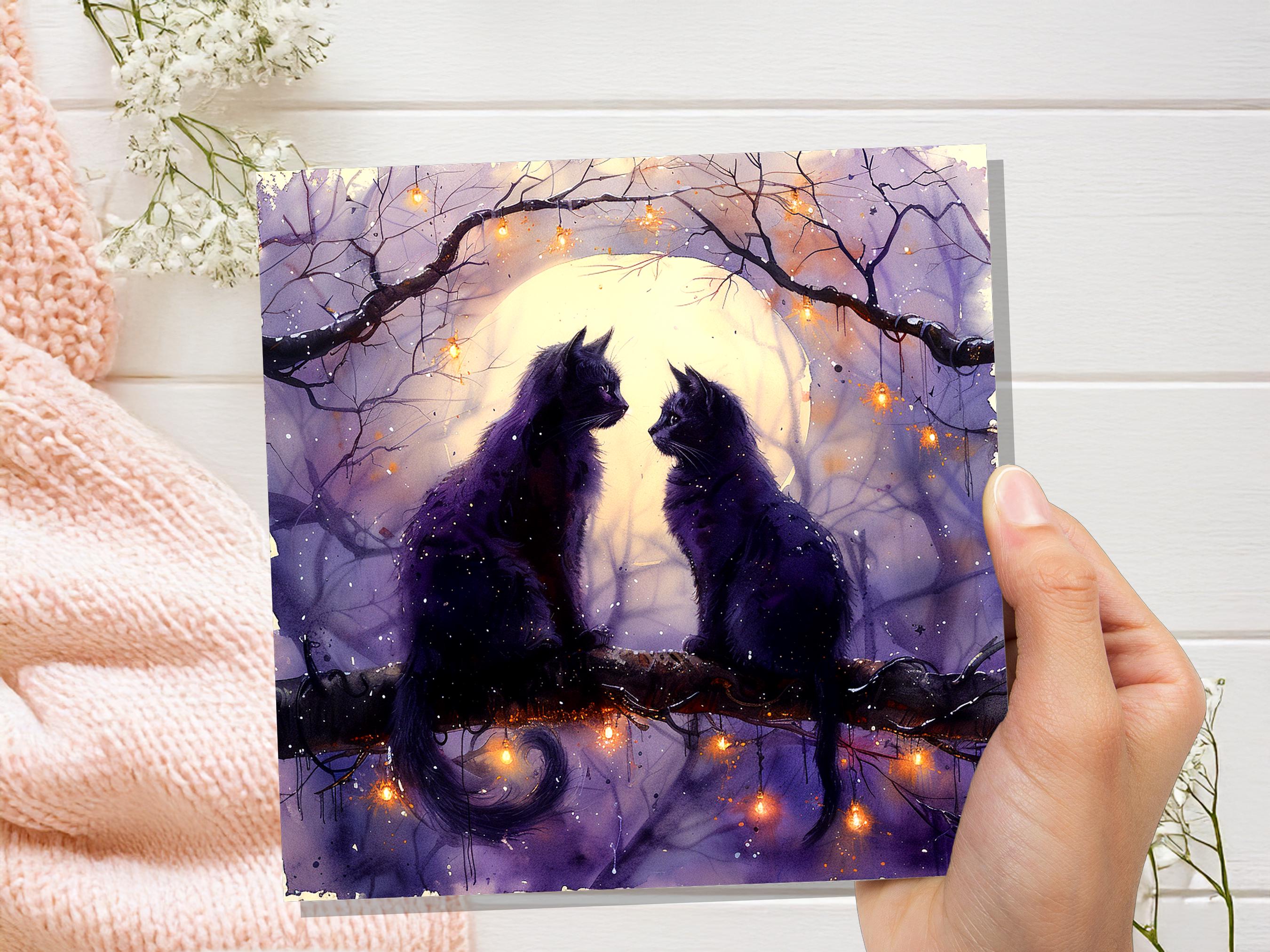 Mystical Black Cats Watercolour Card Full Moon Cat Silhouette Gothic Celestial Night Scene Magical Cat Lovers Purple Anniversary Wedding