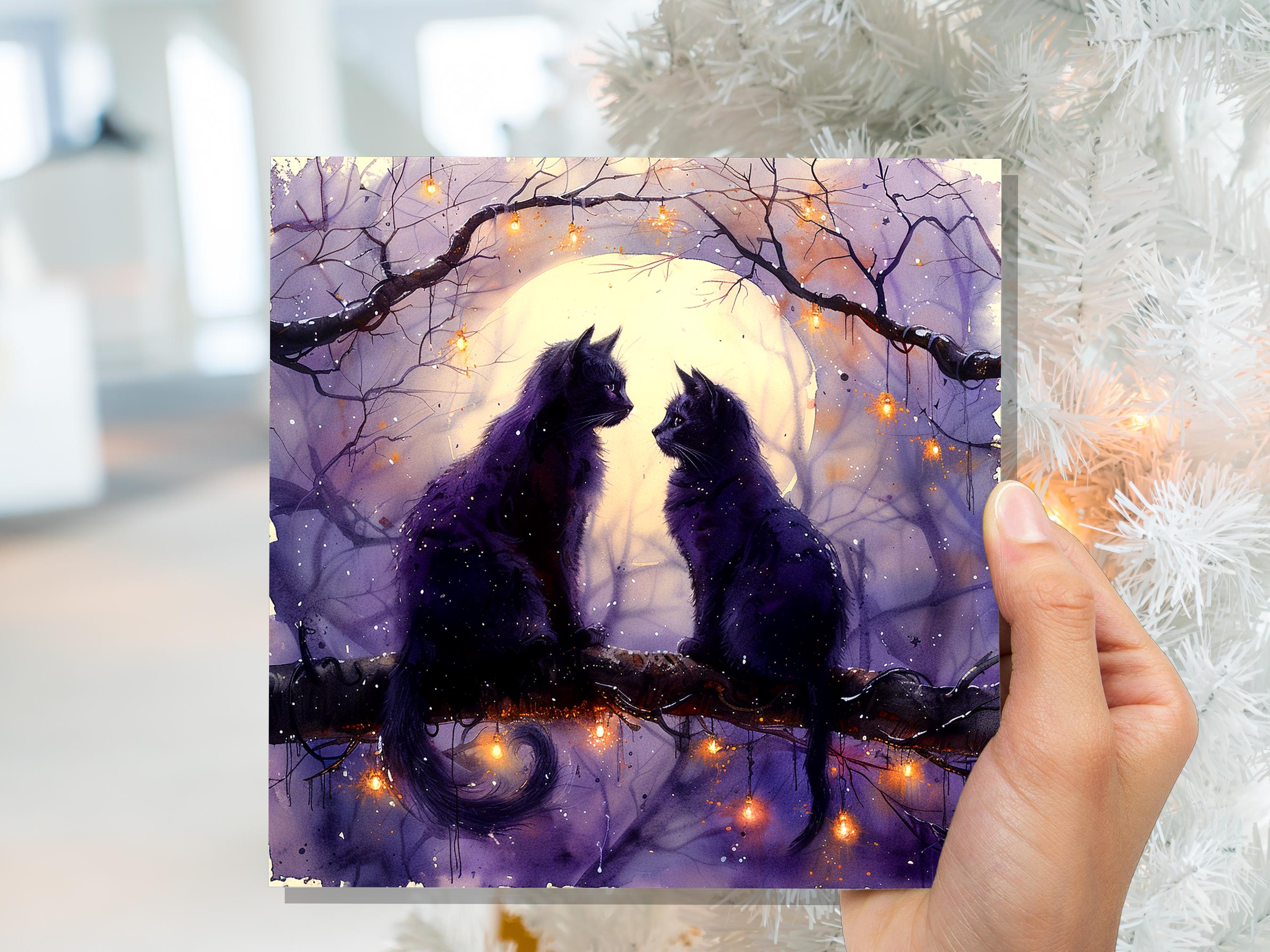 Mystical Black Cats Watercolour Card Full Moon Cat Silhouette Gothic Celestial Night Scene Magical Cat Lovers Purple Anniversary Wedding - View 2