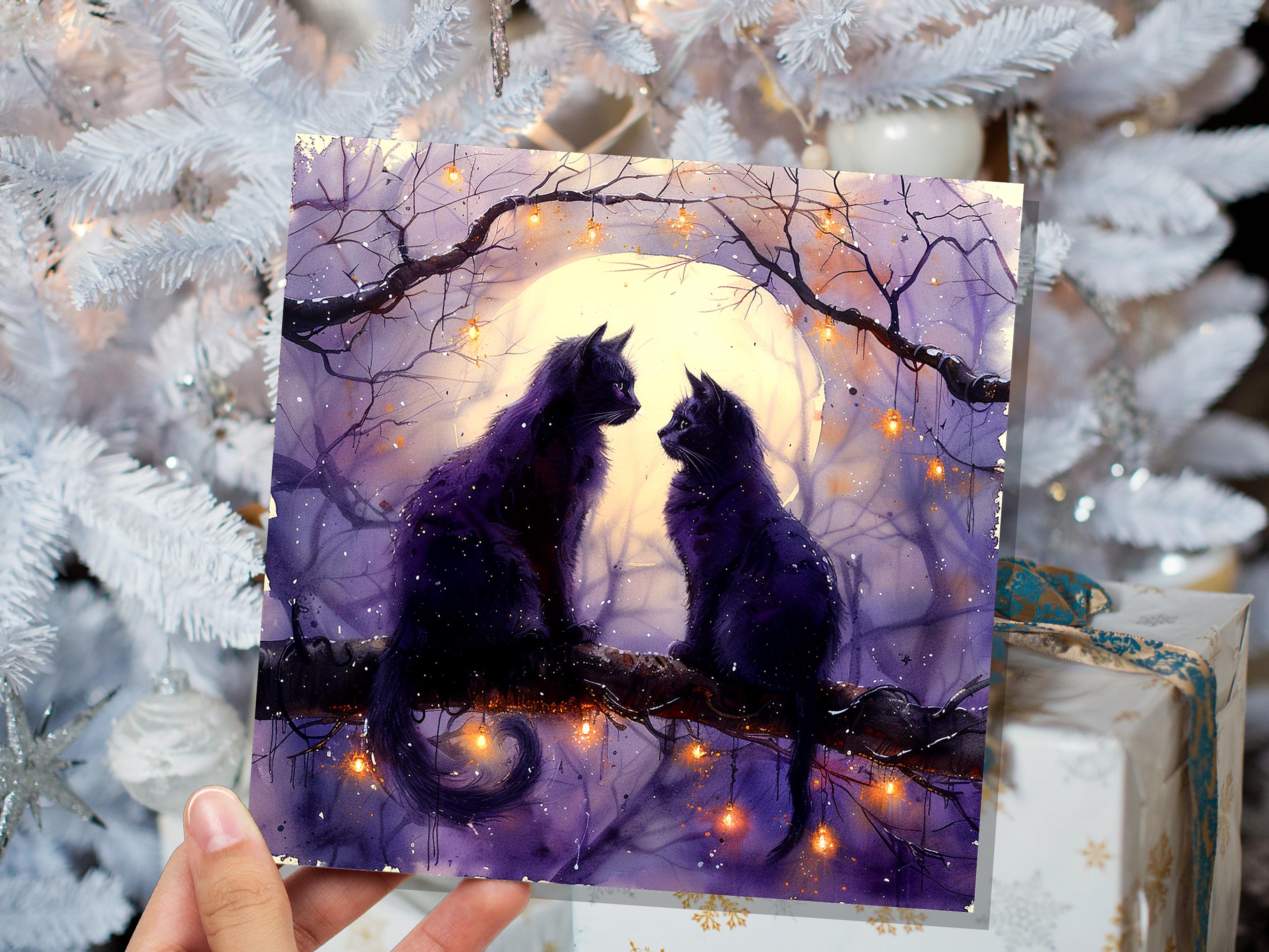 Mystical Black Cats Watercolour Card Full Moon Cat Silhouette Gothic Celestial Night Scene Magical Cat Lovers Purple Anniversary Wedding - View 4