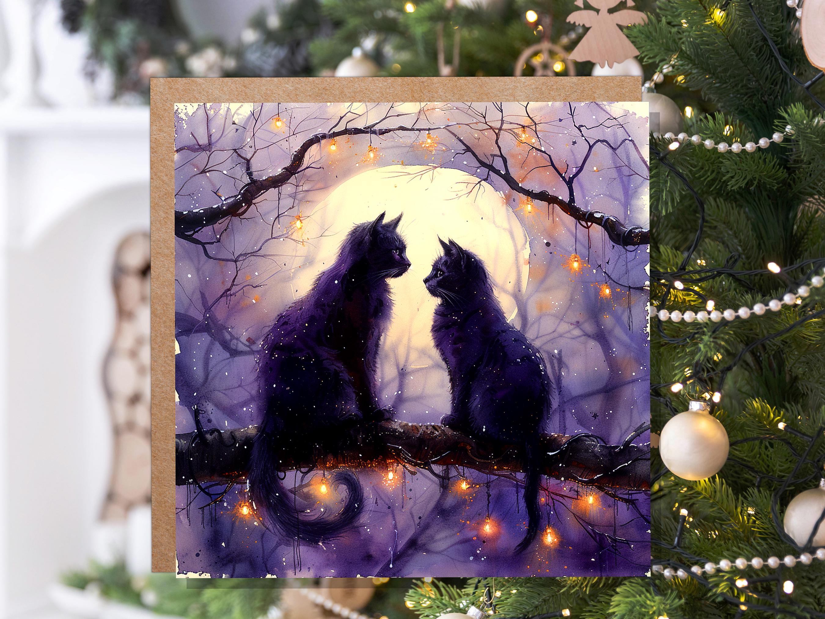 Mystical Black Cats Watercolour Card Full Moon Cat Silhouette Gothic Celestial Night Scene Magical Cat Lovers Purple Anniversary Wedding - View 7