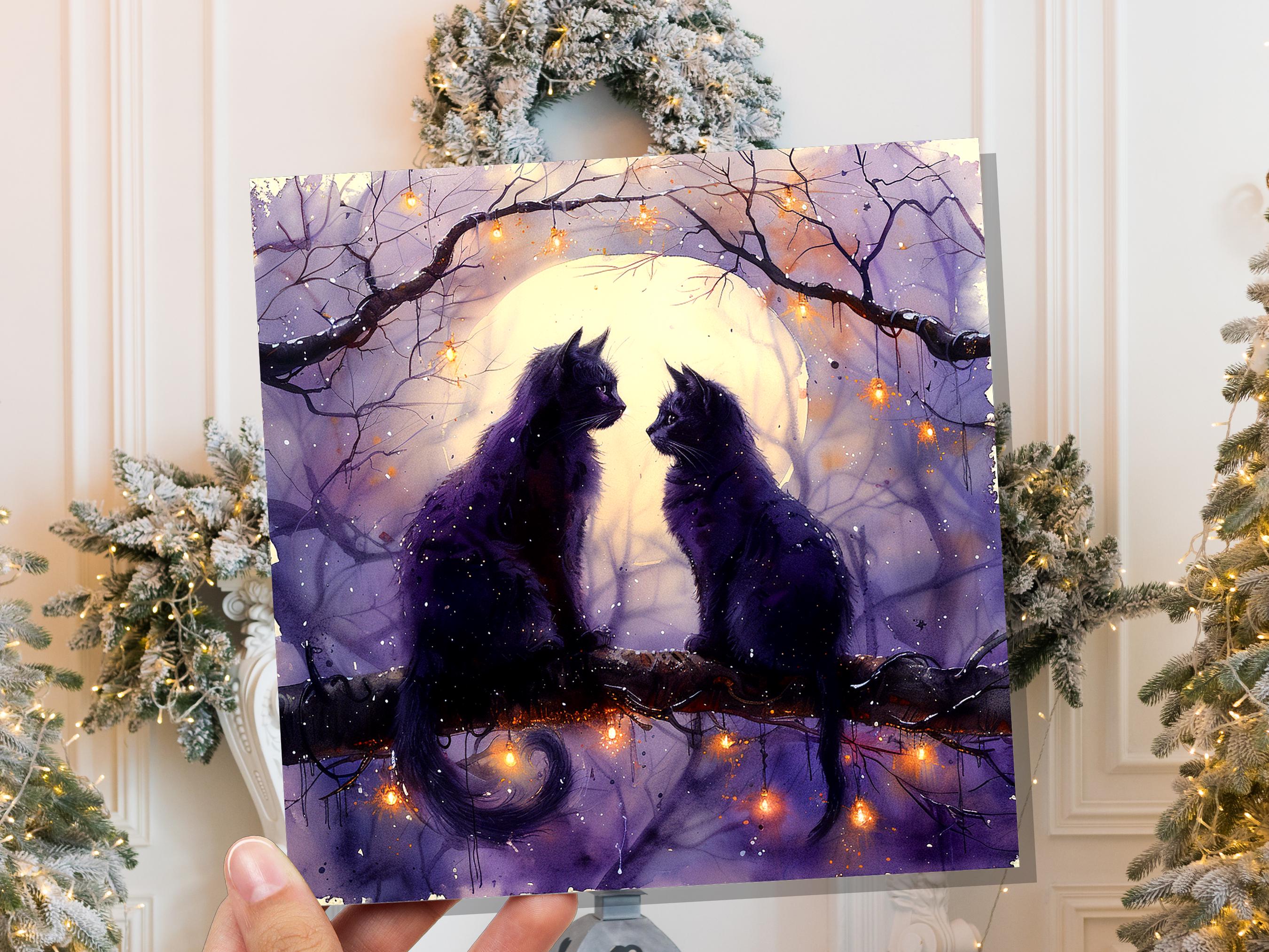 Mystical Black Cats Watercolour Card Full Moon Cat Silhouette Gothic Celestial Night Scene Magical Cat Lovers Purple Anniversary Wedding - View 5