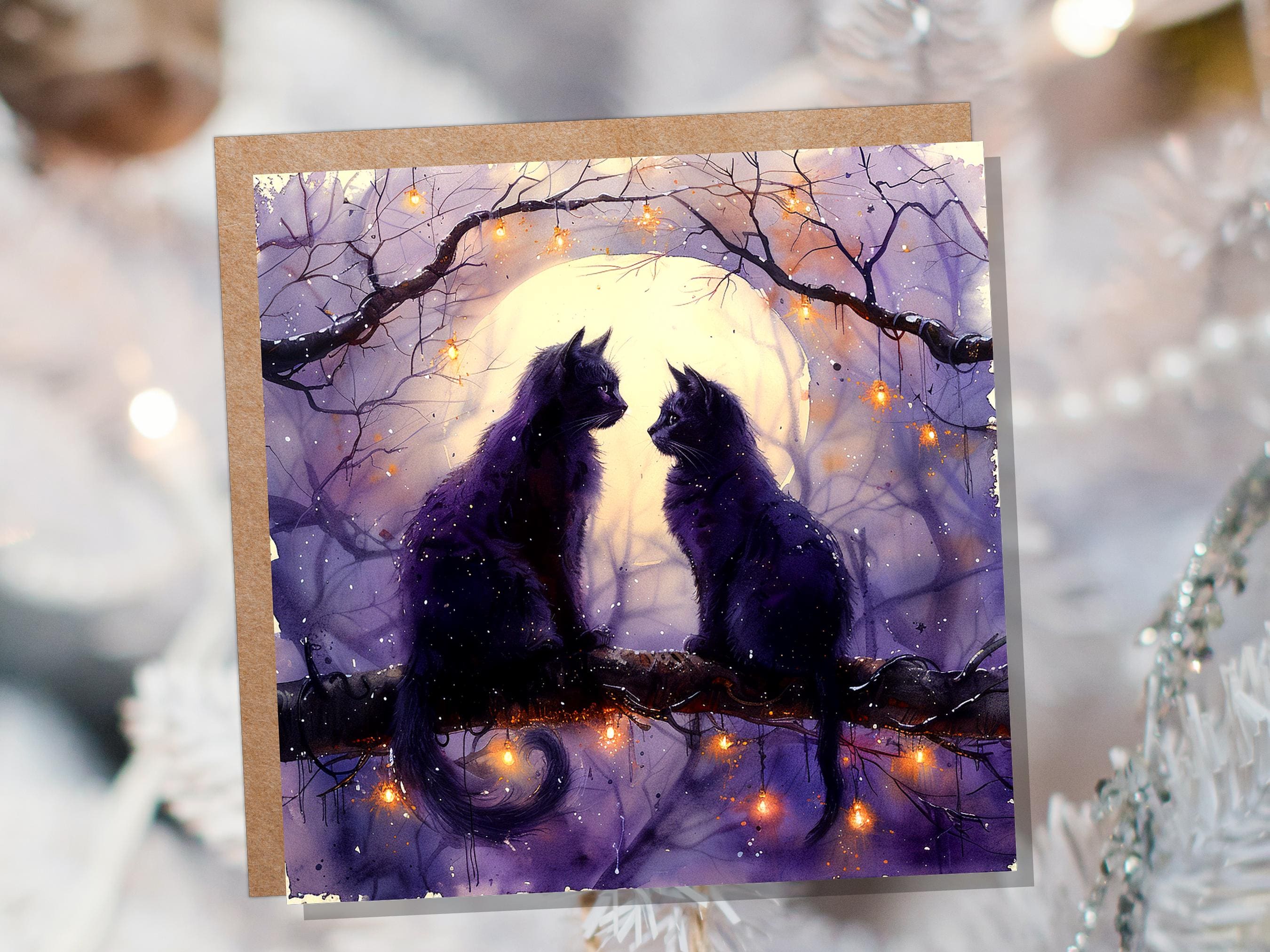 Mystical Black Cats Watercolour Card Full Moon Cat Silhouette Gothic Celestial Night Scene Magical Cat Lovers Purple Anniversary Wedding - View 9