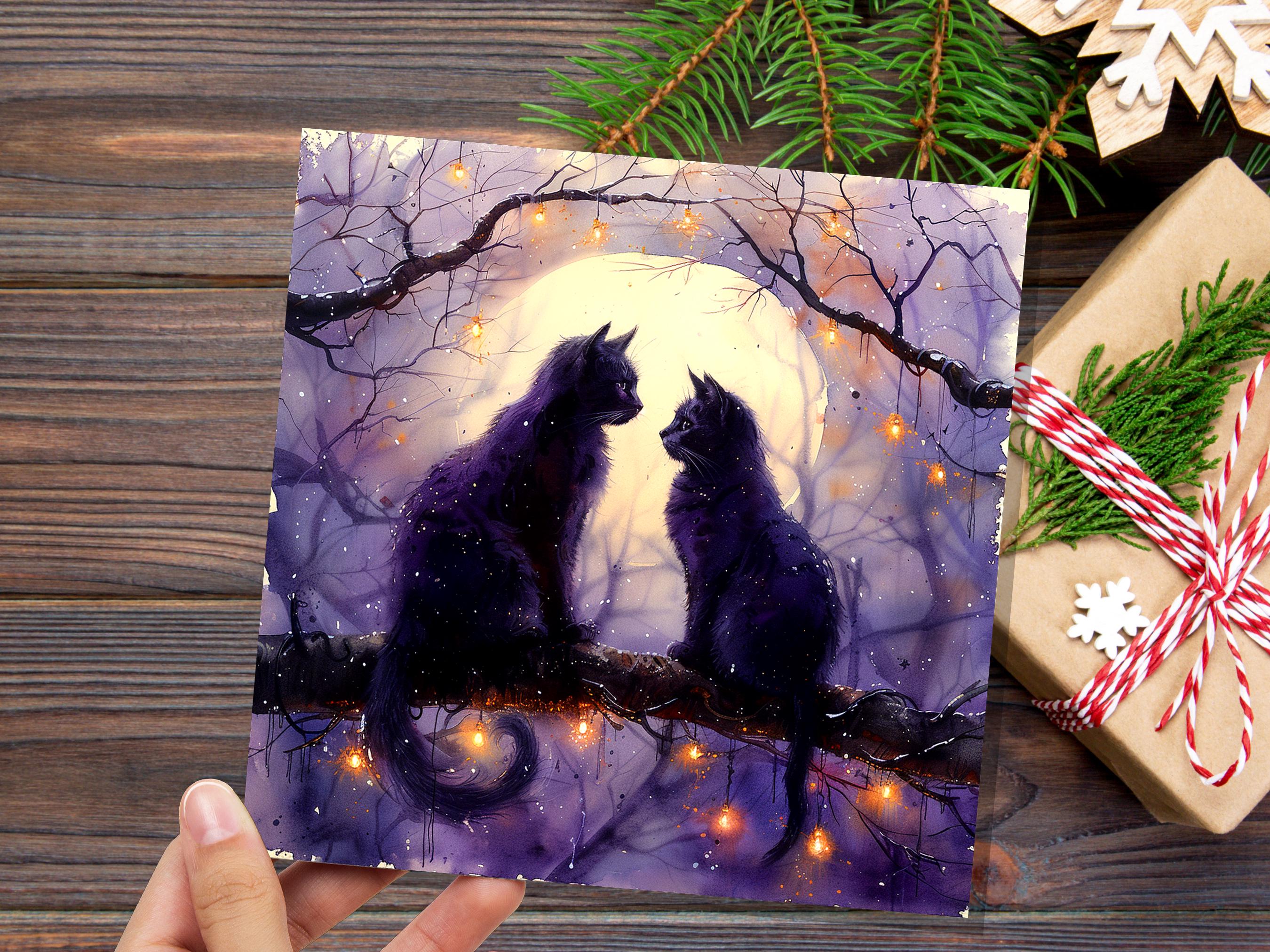 Mystical Black Cats Watercolour Card Full Moon Cat Silhouette Gothic Celestial Night Scene Magical Cat Lovers Purple Anniversary Wedding - View 6