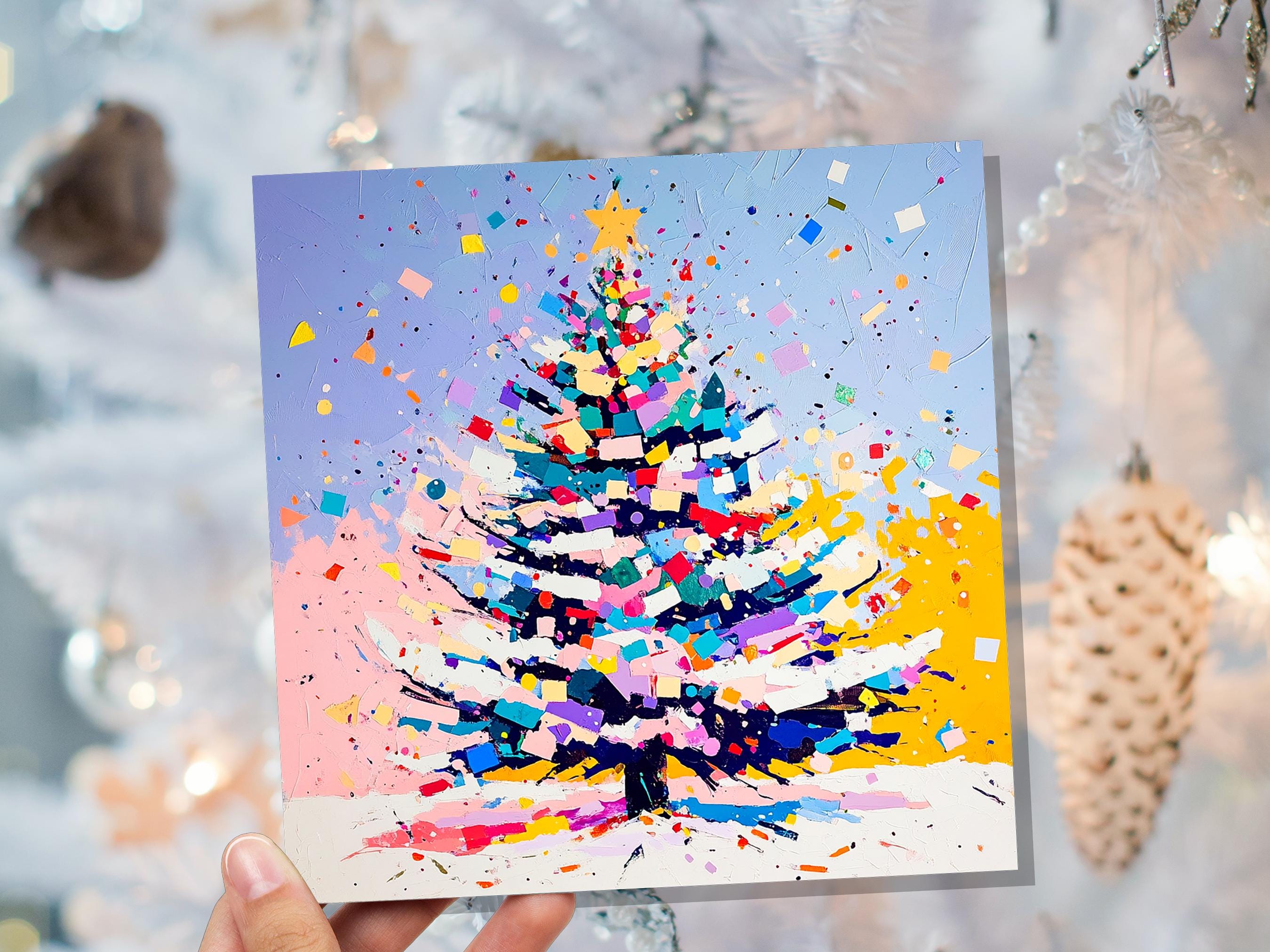 Colourful Confetti Christmas Tree Card Vibrant Unique Abstract Painting Festive Rainbow Palette for Artists Friends and Family New for 2025