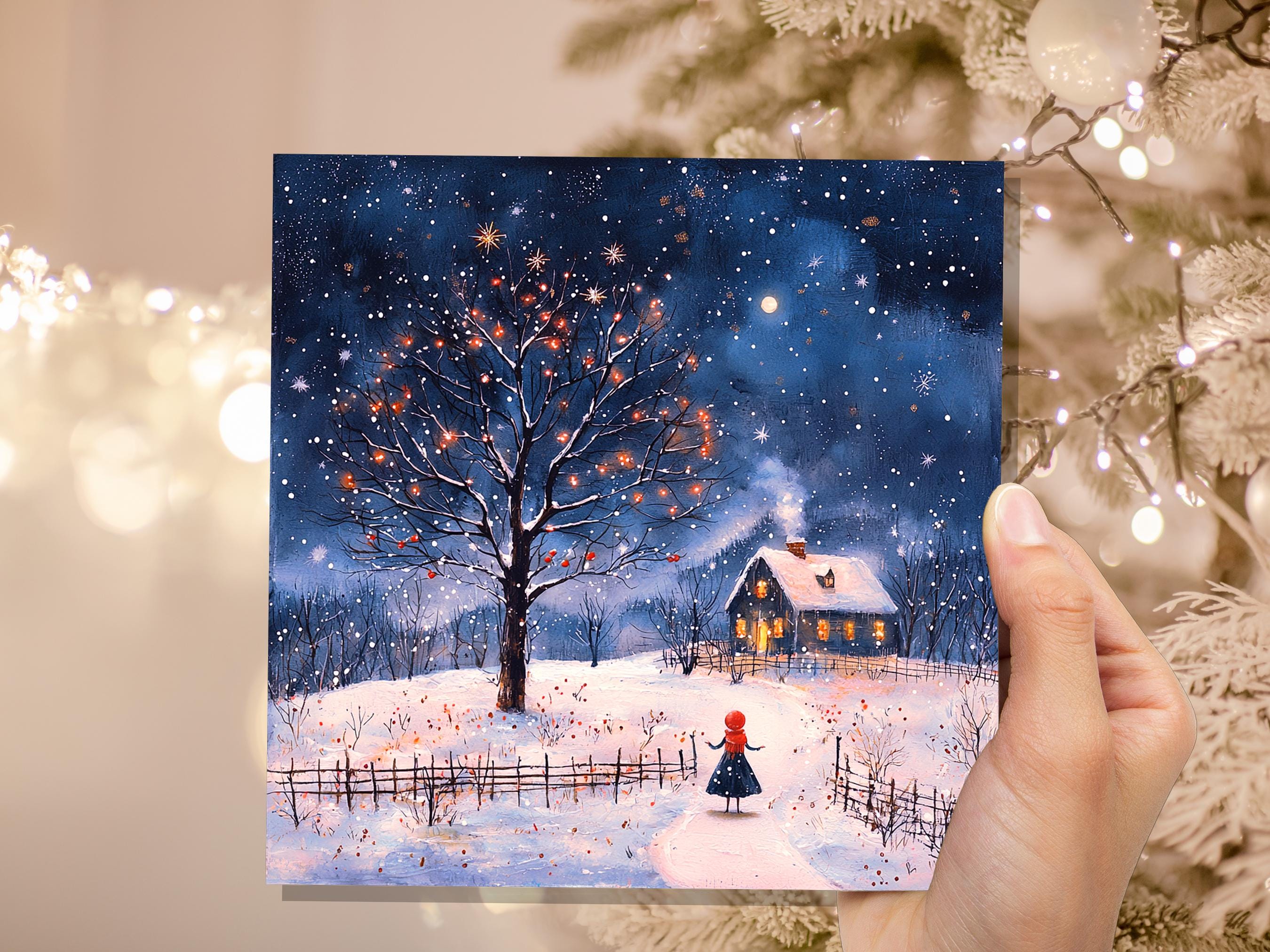 Cosy Cottage on Christmas Eve Card Snowy Scene Winter Visitor Enchanting Celestial Landscape with Starry Night Sky Unique Luxury Special