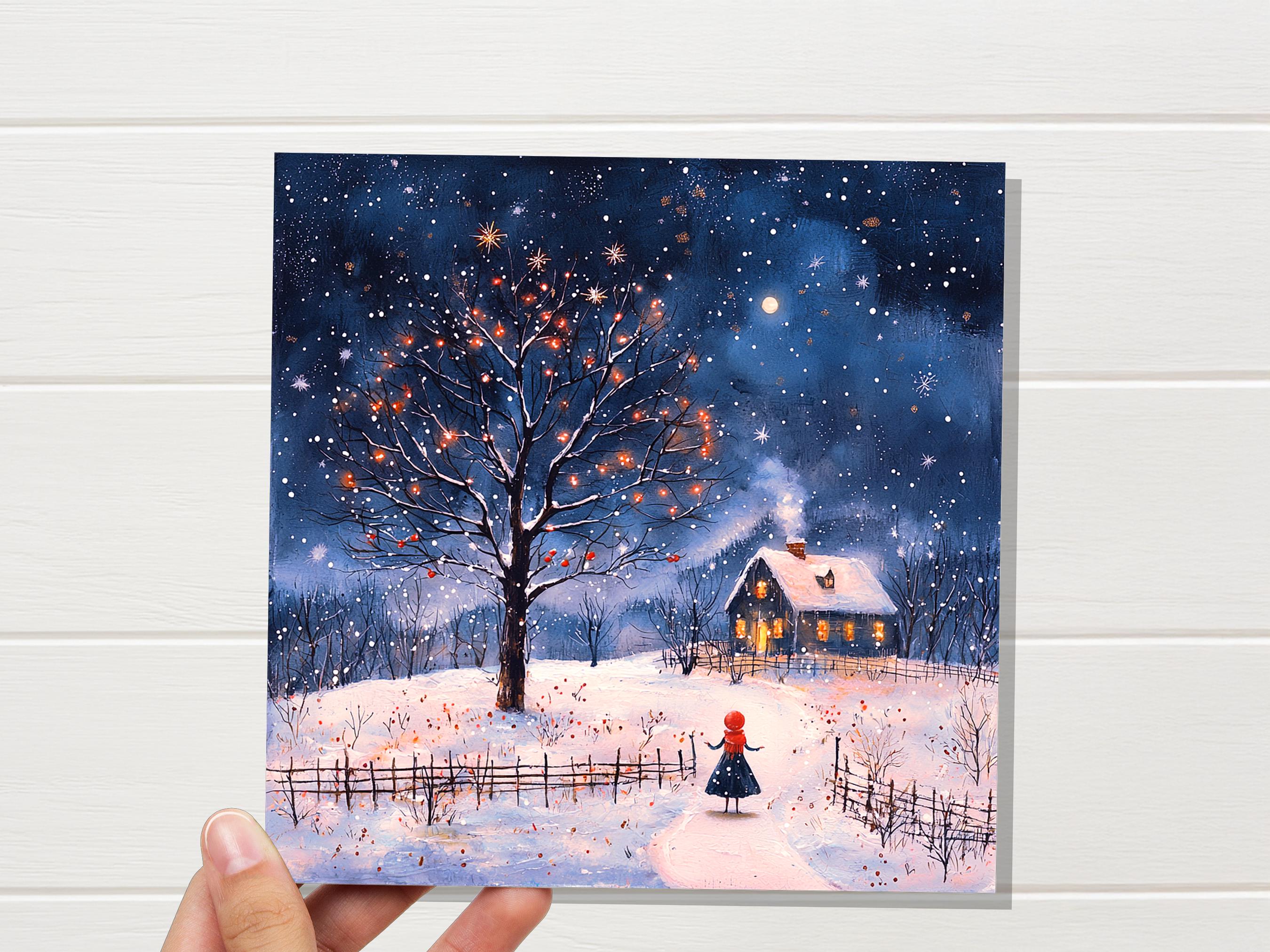 Cosy Cottage on Christmas Eve Card Snowy Scene Winter Visitor Enchanting Celestial Landscape with Starry Night Sky Unique Luxury Special - View 4