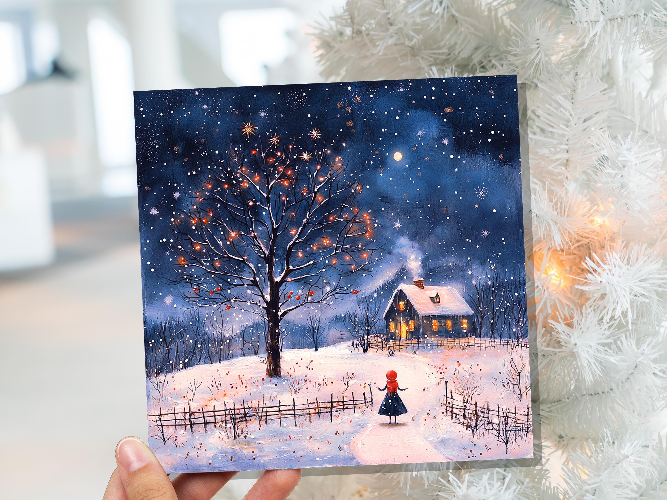 Cosy Cottage on Christmas Eve Card Snowy Scene Winter Visitor Enchanting Celestial Landscape with Starry Night Sky Unique Luxury Special - View 6