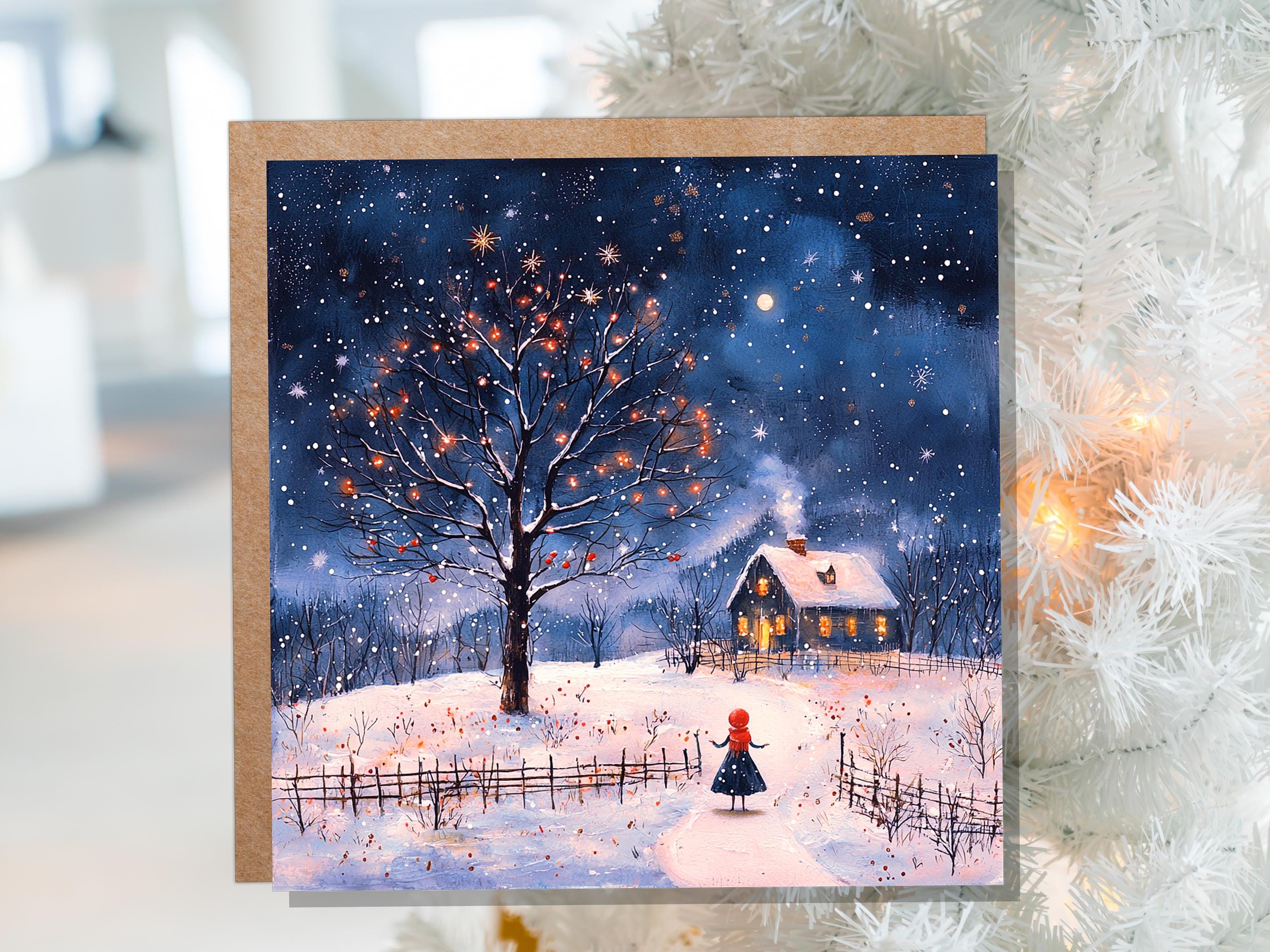 Cosy Cottage on Christmas Eve Card Snowy Scene Winter Visitor Enchanting Celestial Landscape with Starry Night Sky Unique Luxury Special - View 7