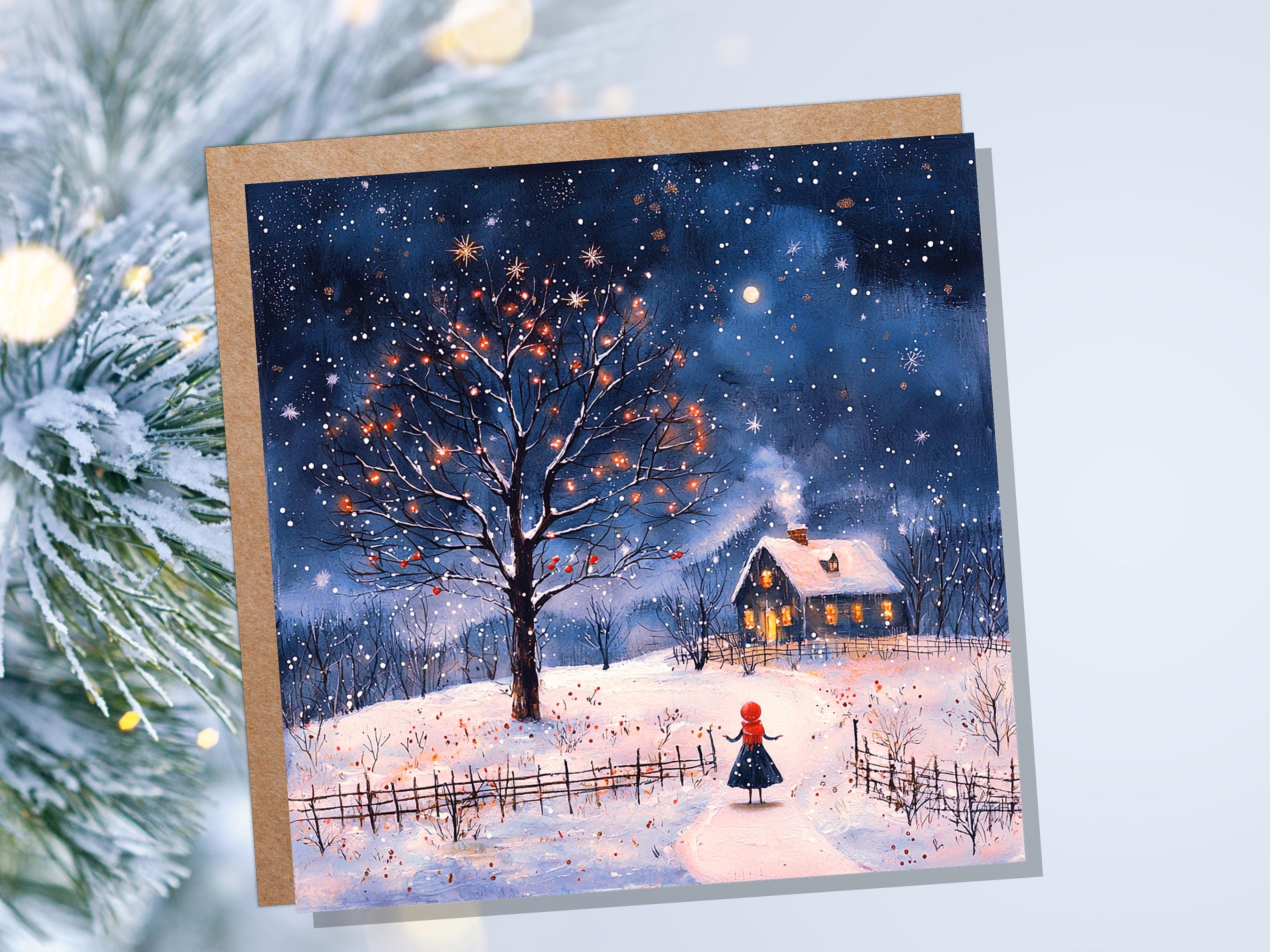 Cosy Cottage on Christmas Eve Card Snowy Scene Winter Visitor Enchanting Celestial Landscape with Starry Night Sky Unique Luxury Special - View 8