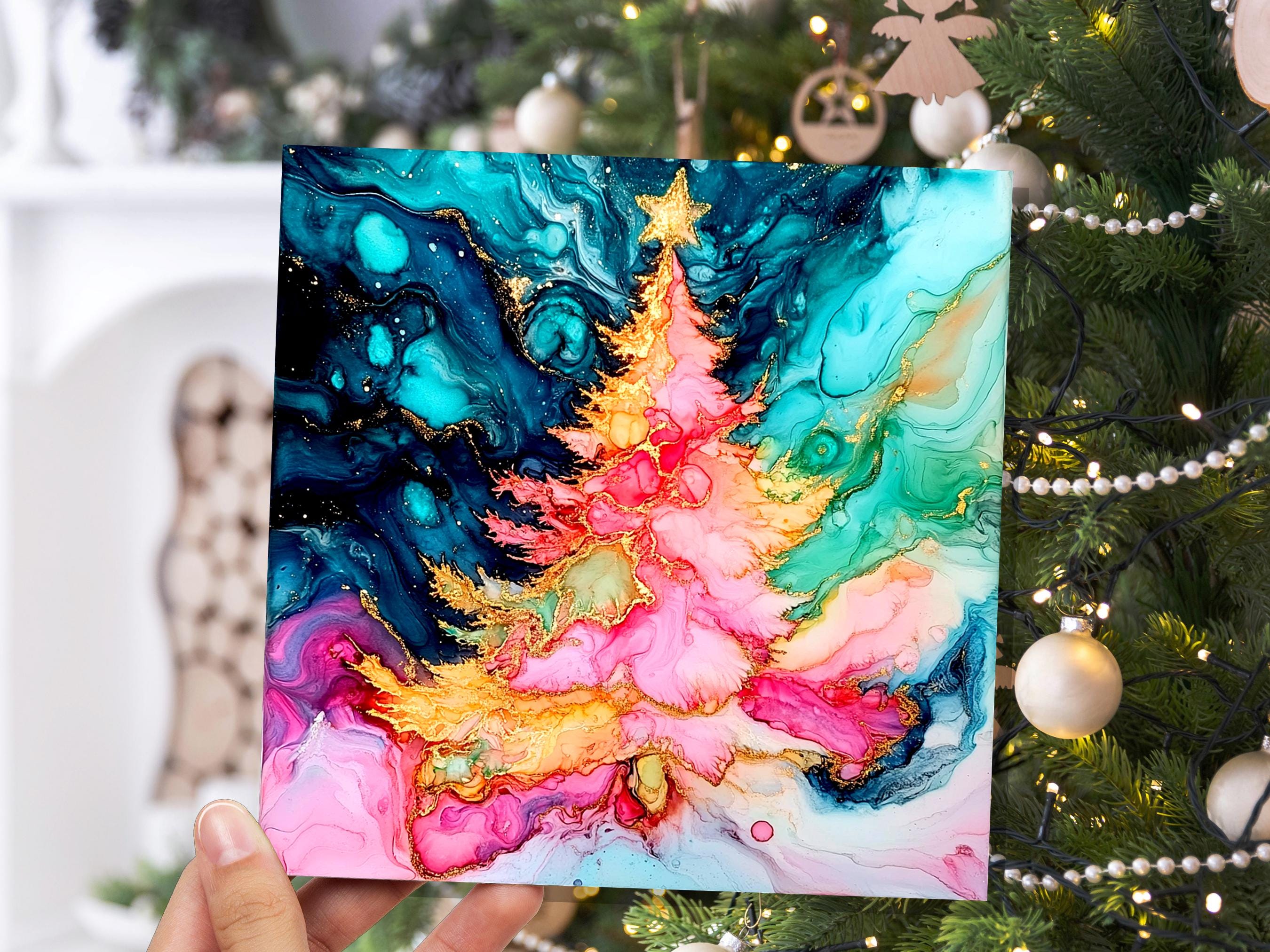 Abstract Christmas Tree Card Teal Pink Gold Alcohol Ink Fluid Art Print Luxury Alternative Holiday Greetings for Her Daughter Mum Artists - View 5