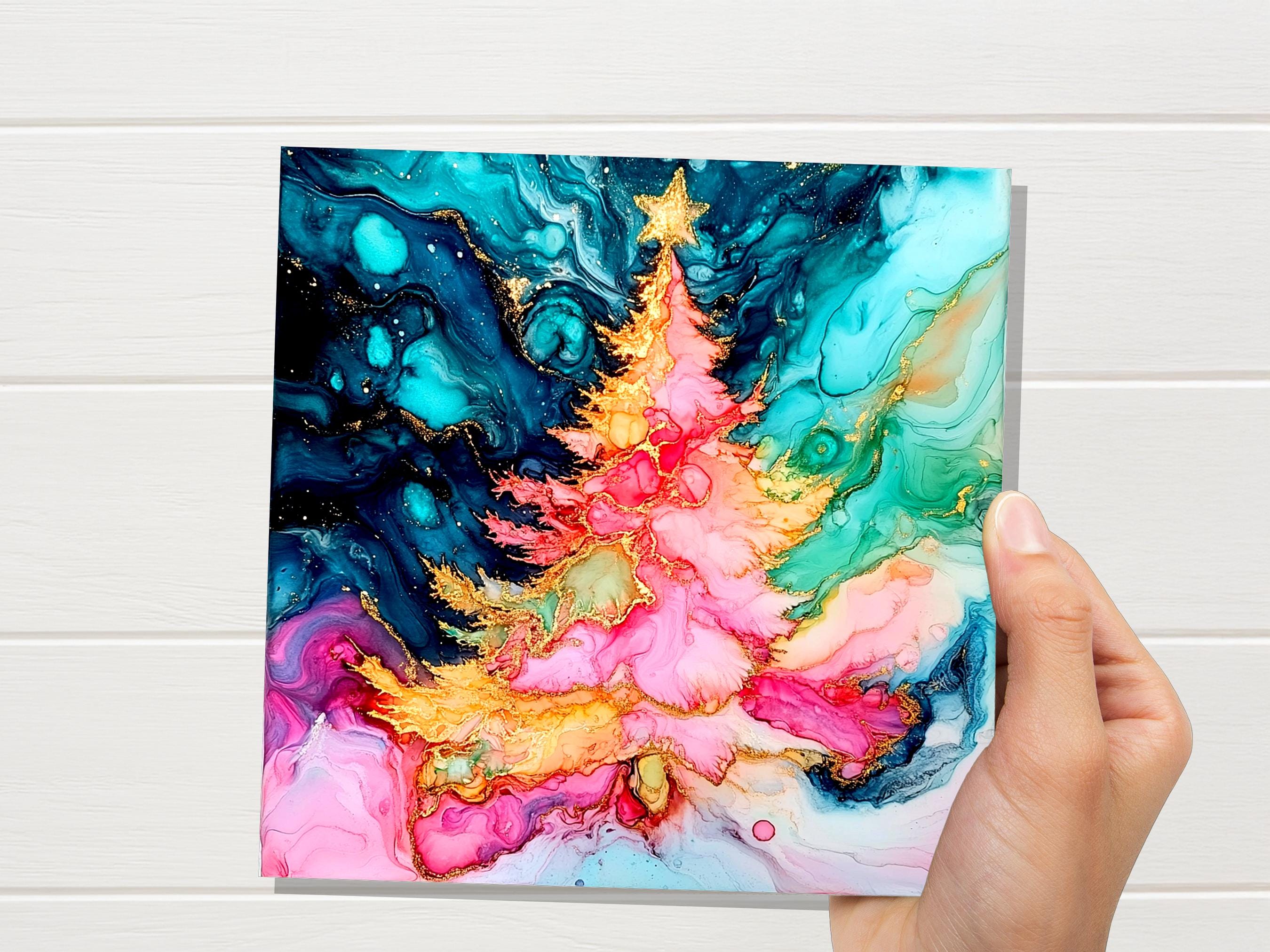 Abstract Christmas Tree Card Teal Pink Gold Alcohol Ink Fluid Art Print Luxury Alternative Holiday Greetings for Her Daughter Mum Artists - View 2