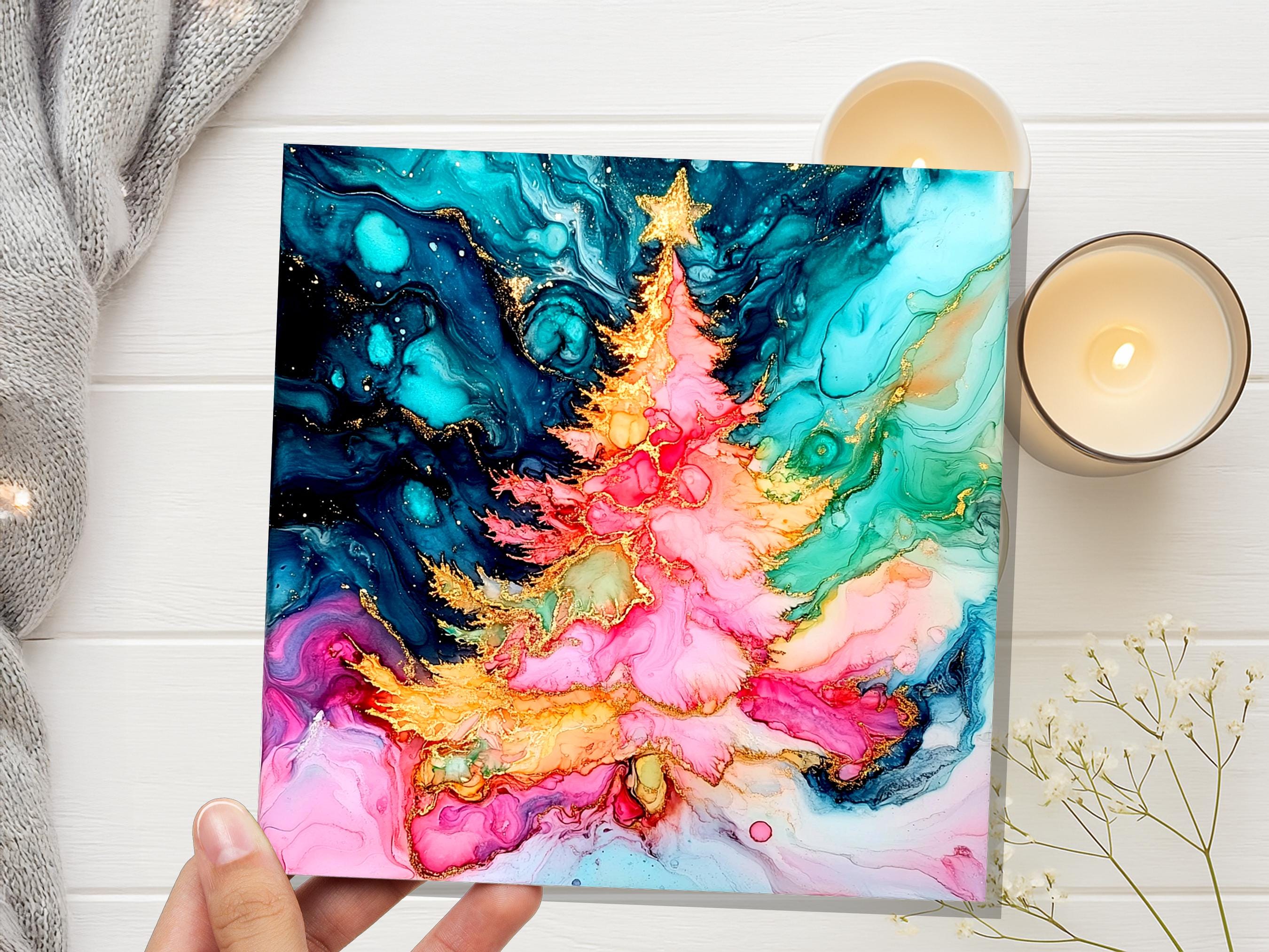 Abstract Christmas Tree Card Teal Pink Gold Alcohol Ink Fluid Art Print Luxury Alternative Holiday Greetings for Her Daughter Mum Artists - View 6