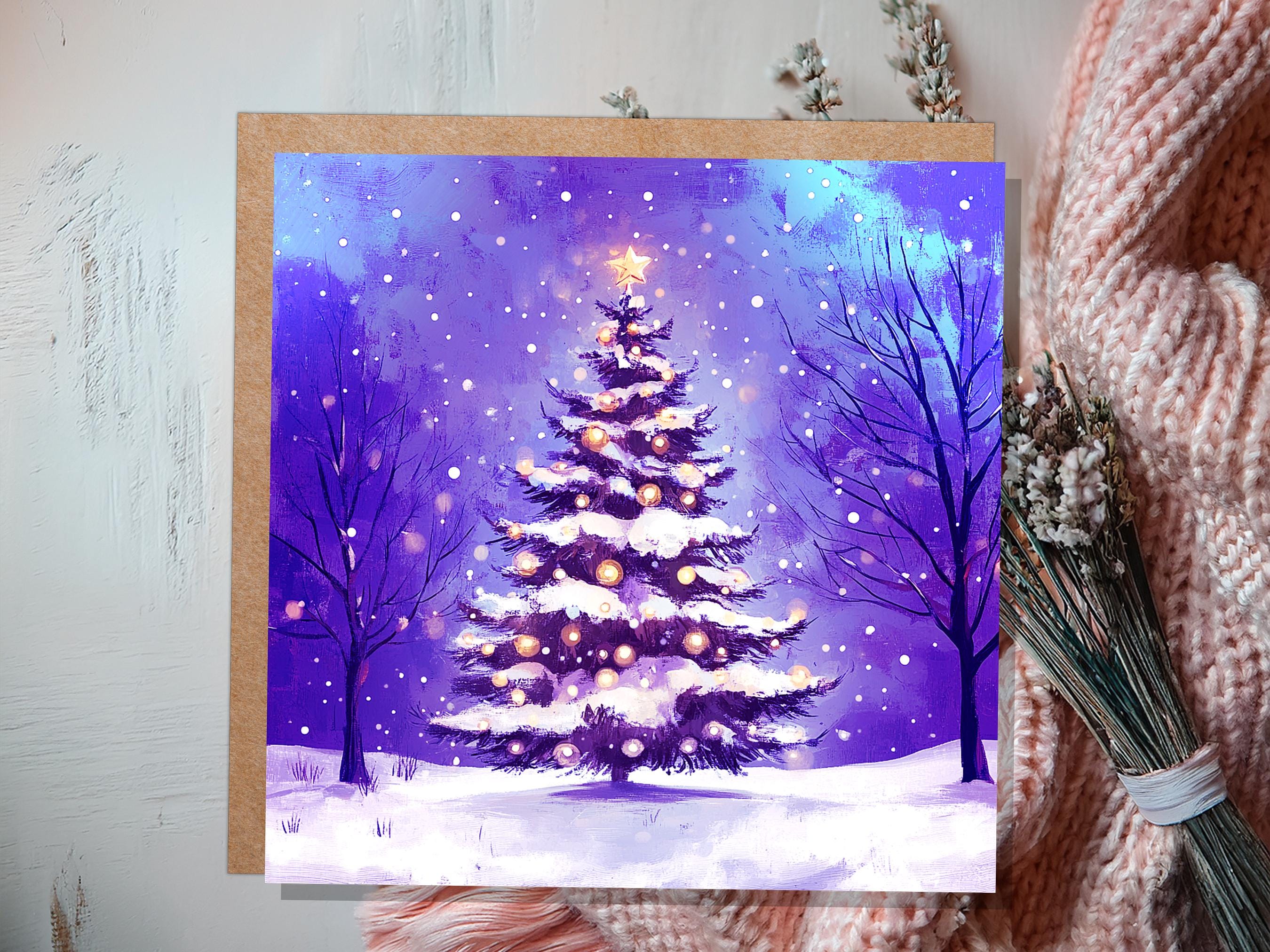 Purple Christmas Tree Card Peaceful Winter Holiday Snow Scene Magical Glowing Landscape Icy Night Unique Dreamy Fairy Lights Xmas Magic 2025 - View 8