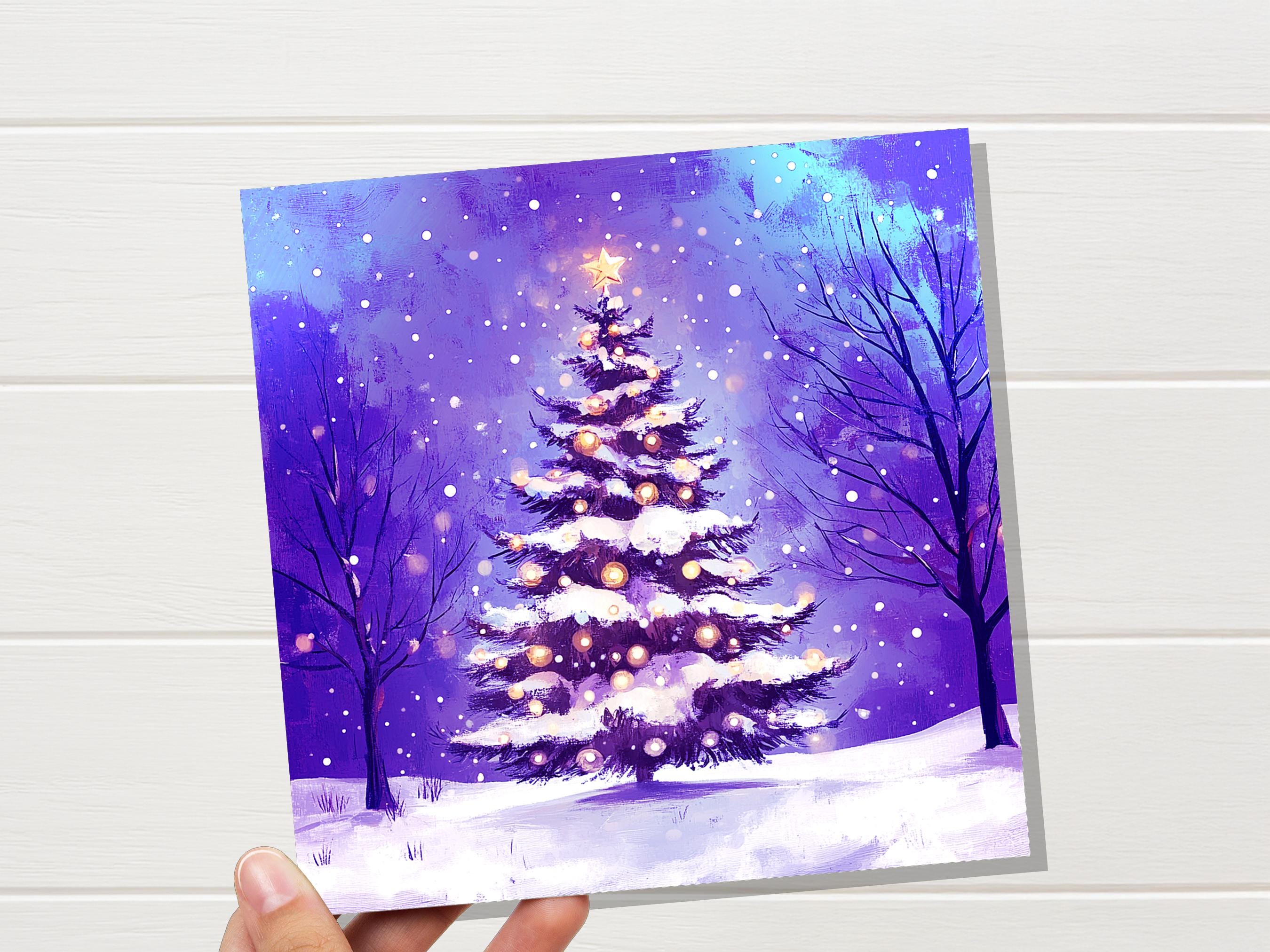 Purple Christmas Tree Card Peaceful Winter Holiday Snow Scene Magical Glowing Landscape Icy Night Unique Dreamy Fairy Lights Xmas Magic 2025 - View 6