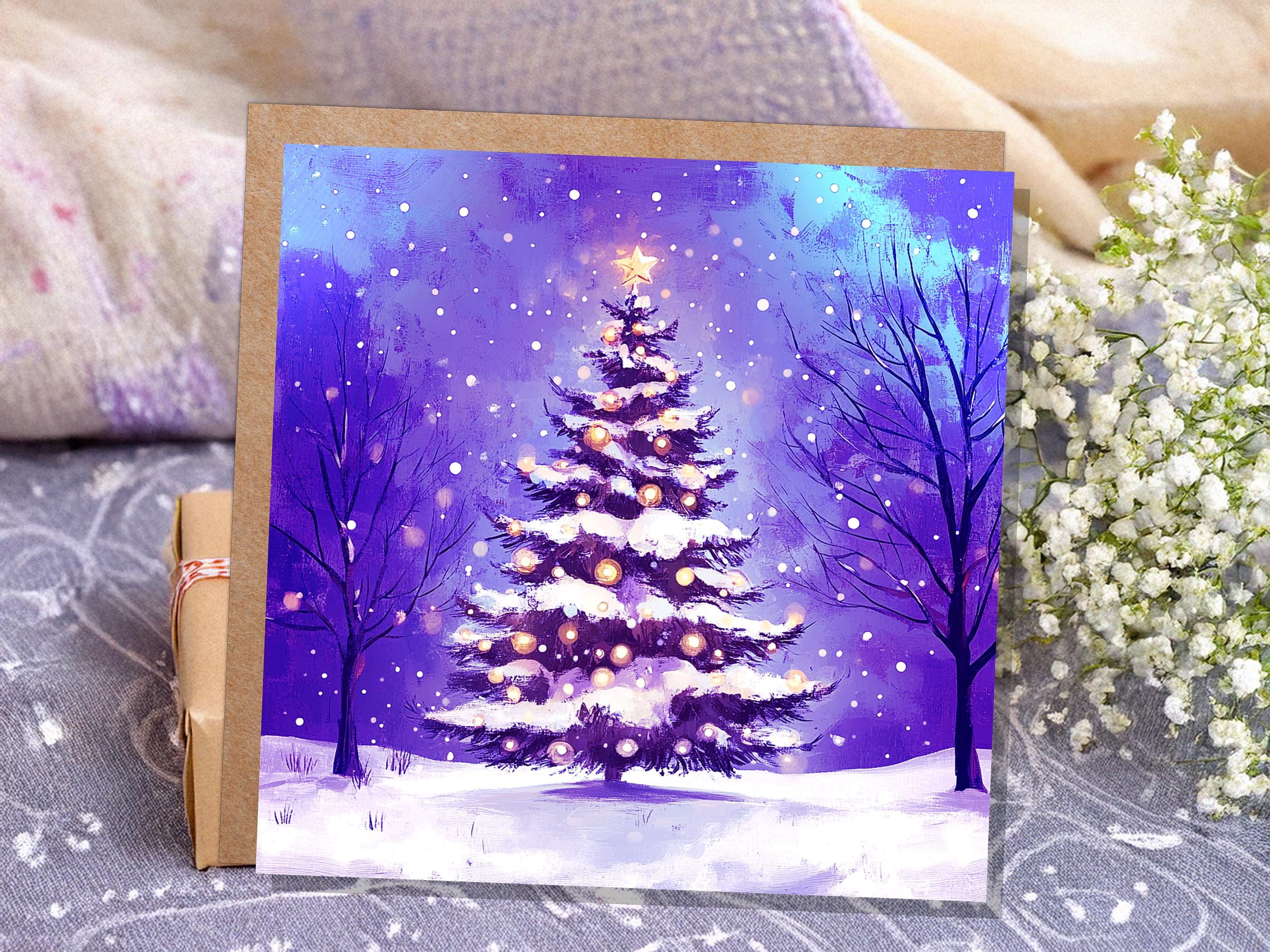 Purple Christmas Tree Card Peaceful Winter Holiday Snow Scene Magical Glowing Landscape Icy Night Unique Dreamy Fairy Lights Xmas Magic 2025 - View 7