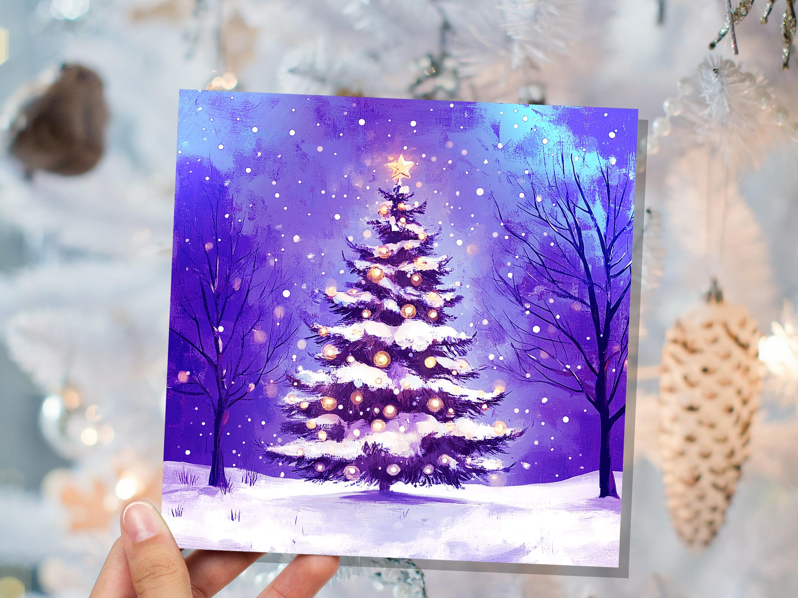 Purple Christmas Tree Card Peaceful Winter Holiday Snow Scene Magical Glowing Landscape Icy Night Unique Dreamy Fairy Lights Xmas Magic 2025 - View 4