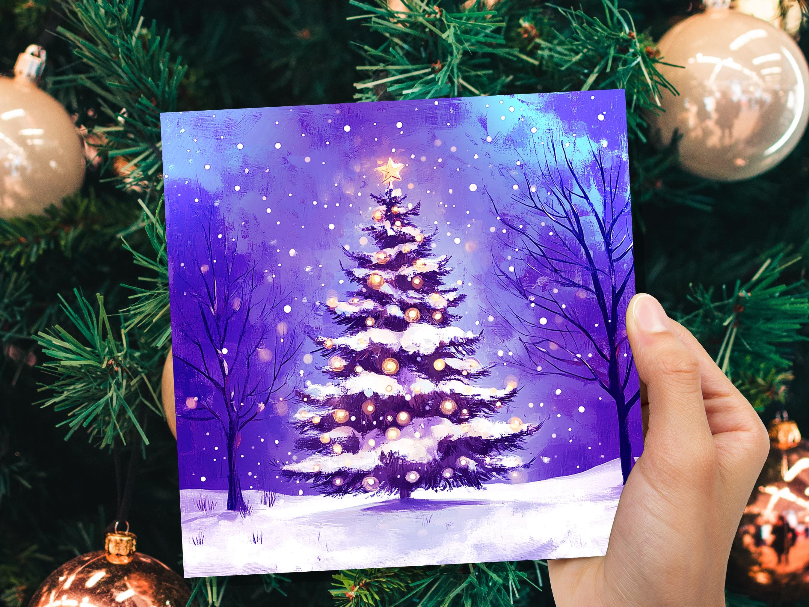 Purple Christmas Tree Card Peaceful Winter Holiday Snow Scene Magical Glowing Landscape Icy Night Unique Dreamy Fairy Lights Xmas Magic 2025