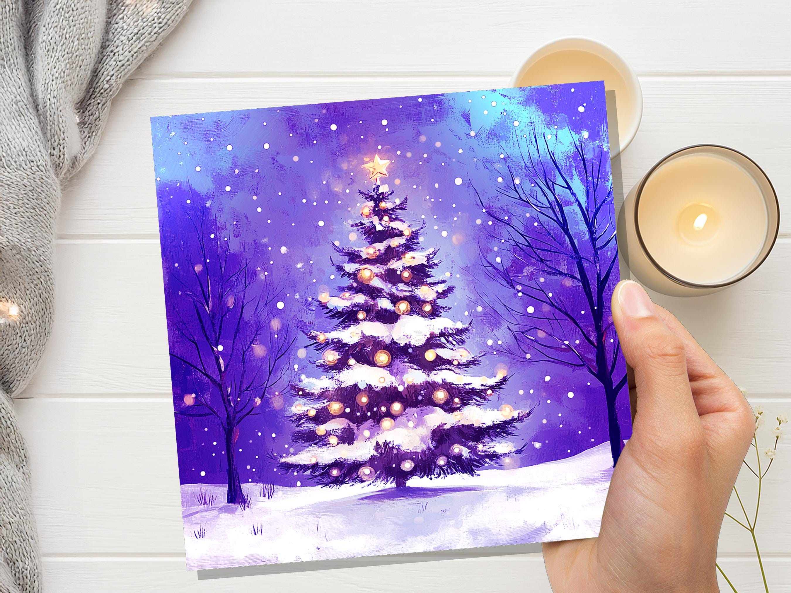 Purple Christmas Tree Card Peaceful Winter Holiday Snow Scene Magical Glowing Landscape Icy Night Unique Dreamy Fairy Lights Xmas Magic 2025 - View 2