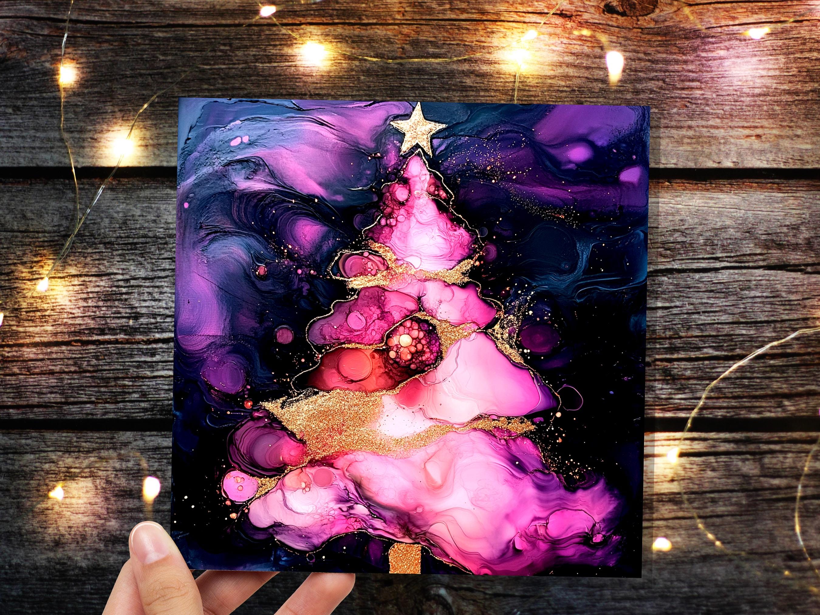 Alcohol Ink Christmas Tree Card Purple Pink Gold Abstract Festive Galaxy Unique Luxury Greetings for Friends & Family 2025 - View 4