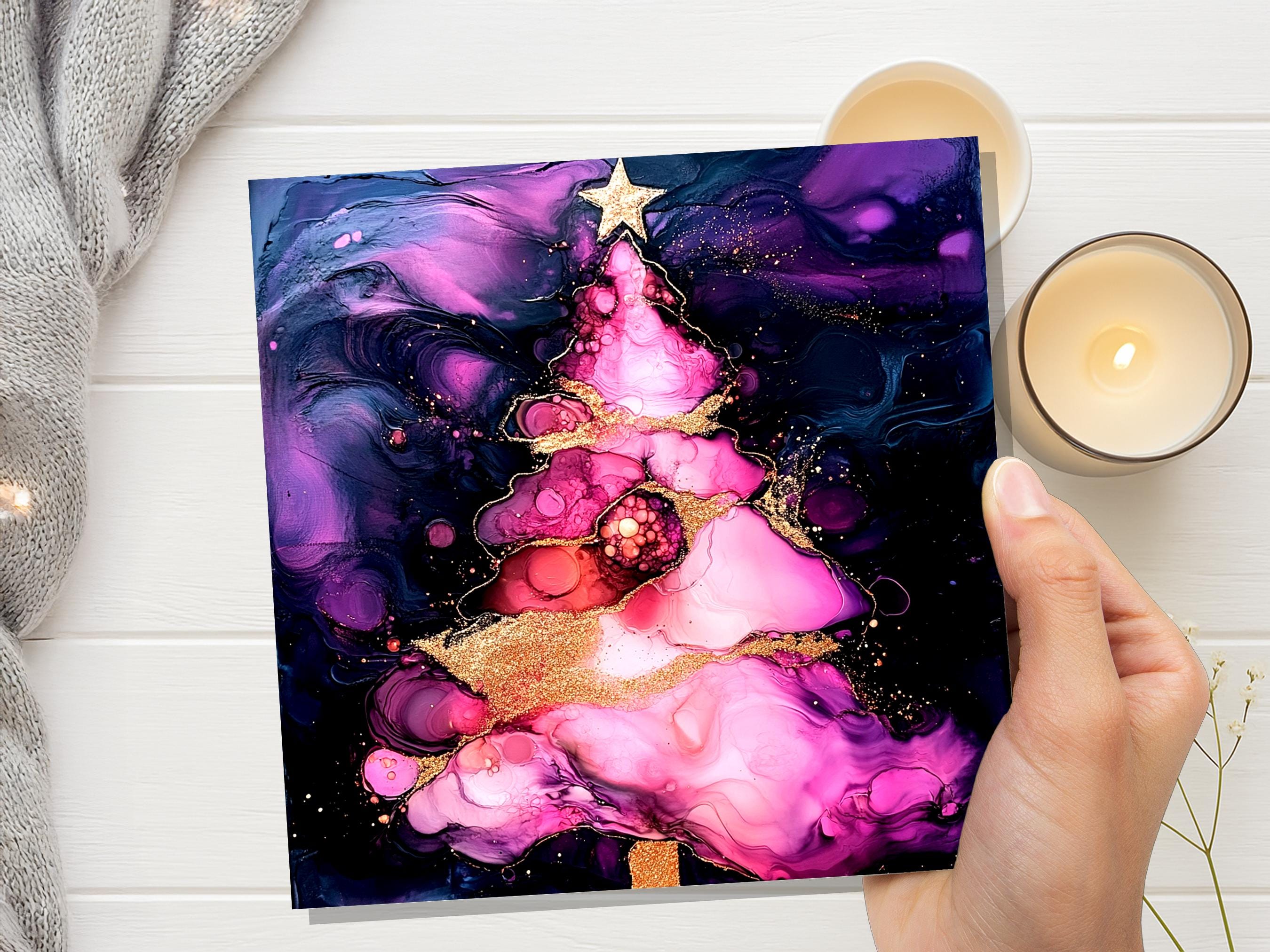 Alcohol Ink Christmas Tree Card Purple Pink Gold Abstract Festive Galaxy Unique Luxury Greetings for Friends & Family 2025