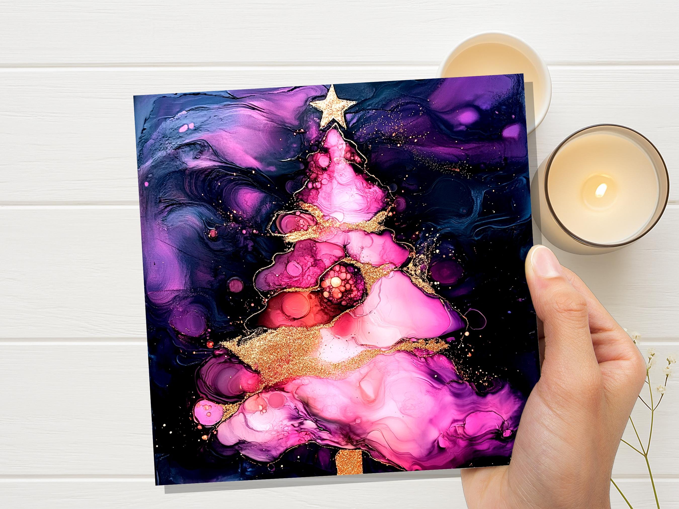 Alcohol Ink Christmas Tree Card Purple Pink Gold Abstract Festive Galaxy Unique Luxury Greetings for Friends & Family 2025 - View 3