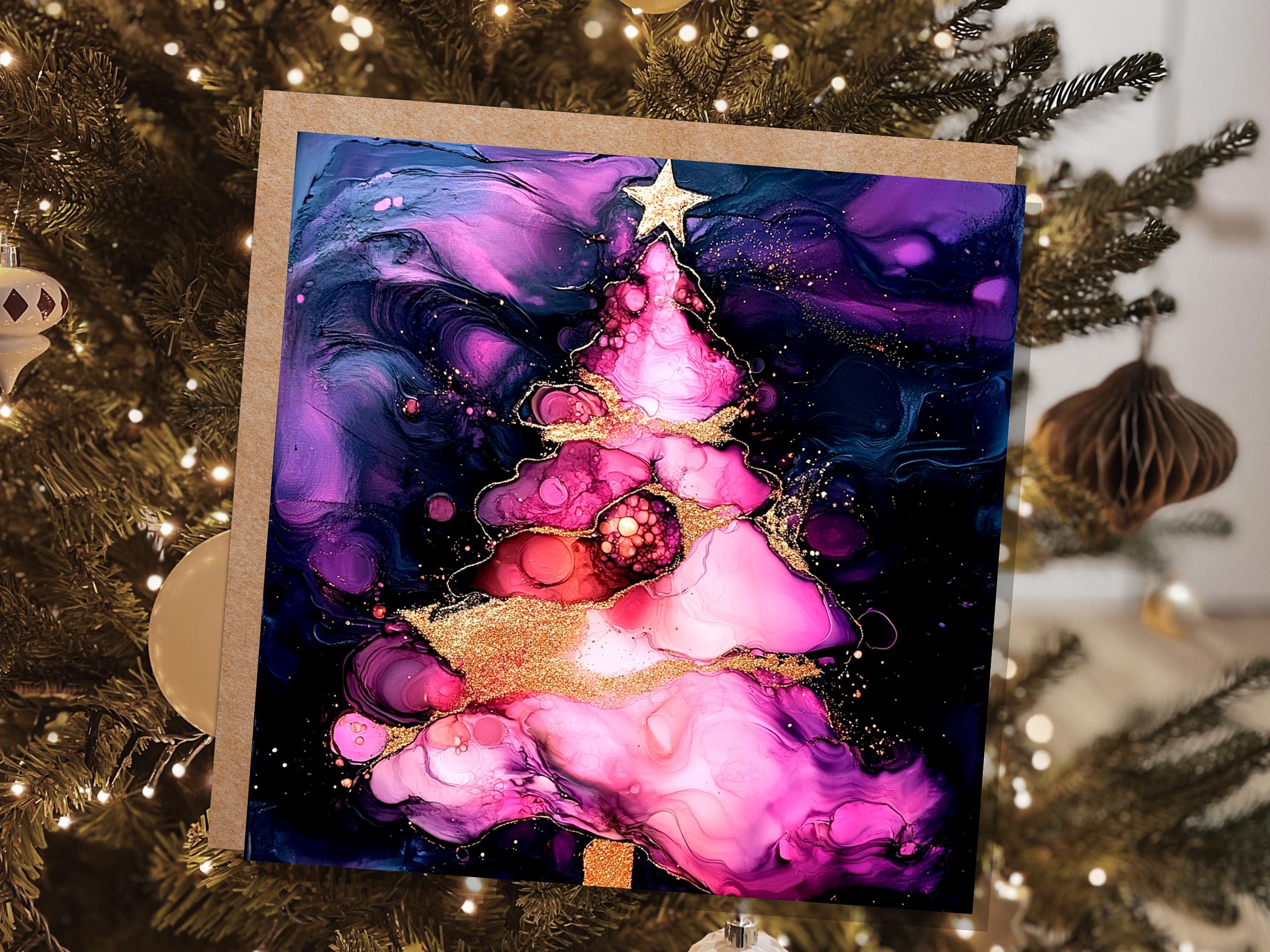 Alcohol Ink Christmas Tree Card Purple Pink Gold Abstract Festive Galaxy Unique Luxury Greetings for Friends & Family 2025 - View 8