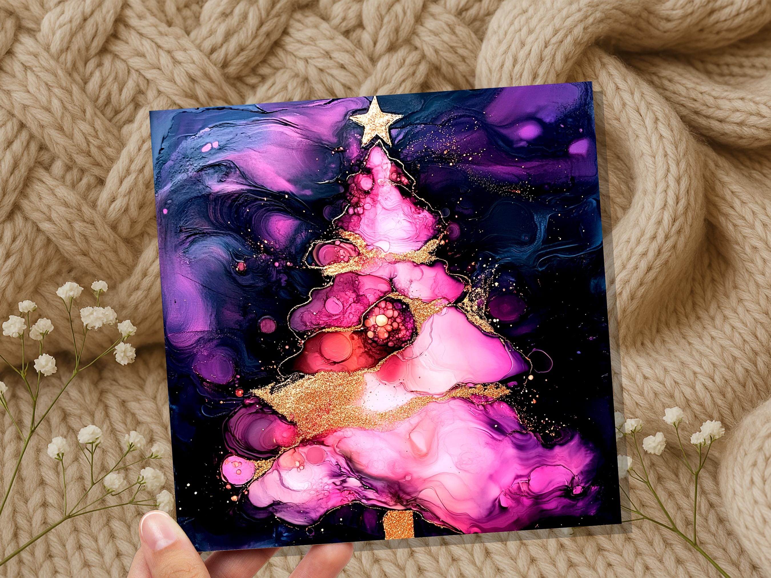 Alcohol Ink Christmas Tree Card Purple Pink Gold Abstract Festive Galaxy Unique Luxury Greetings for Friends & Family 2025 - View 5