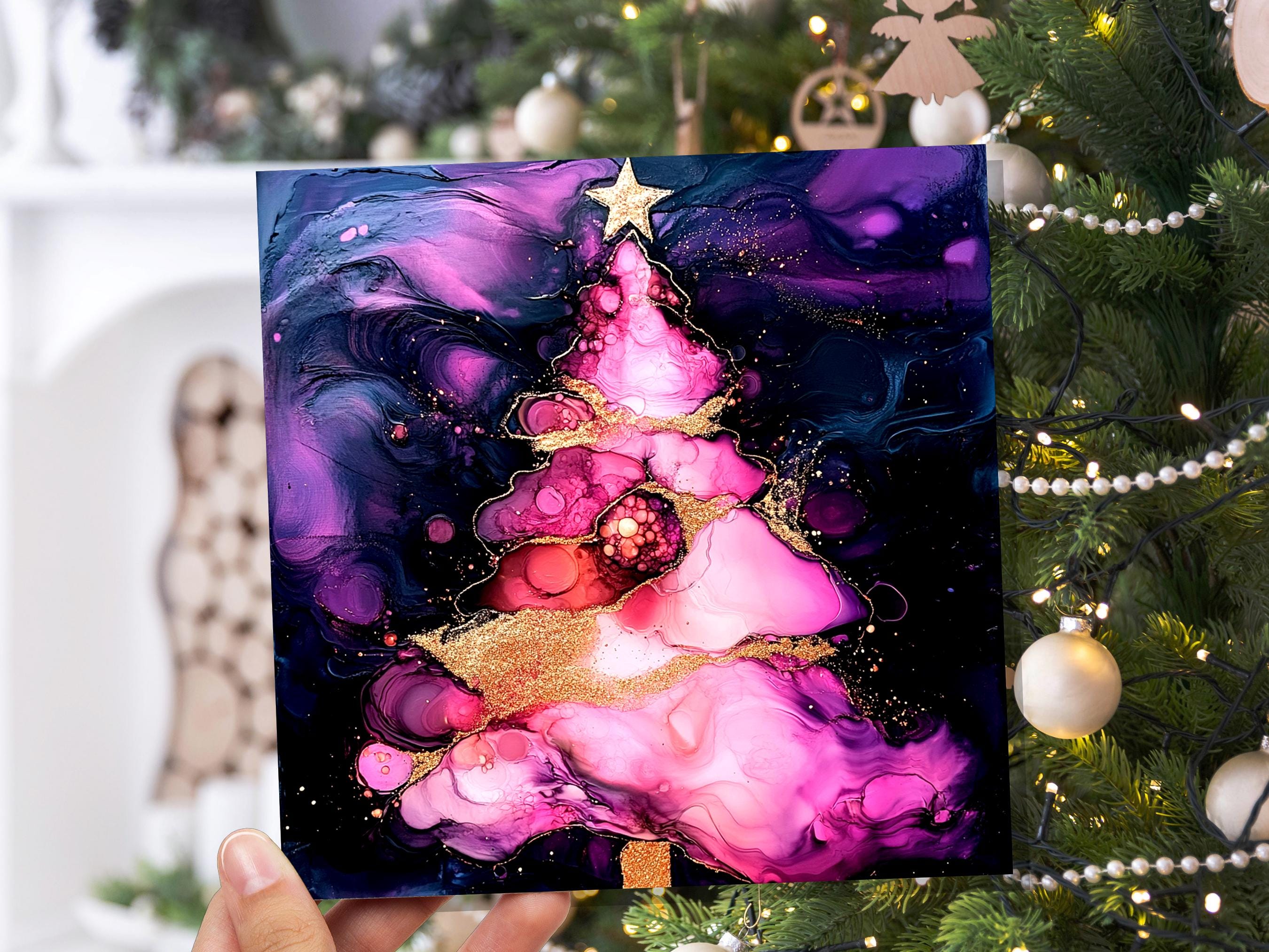 Alcohol Ink Christmas Tree Card Purple Pink Gold Abstract Festive Galaxy Unique Luxury Greetings for Friends & Family 2025 - View 6