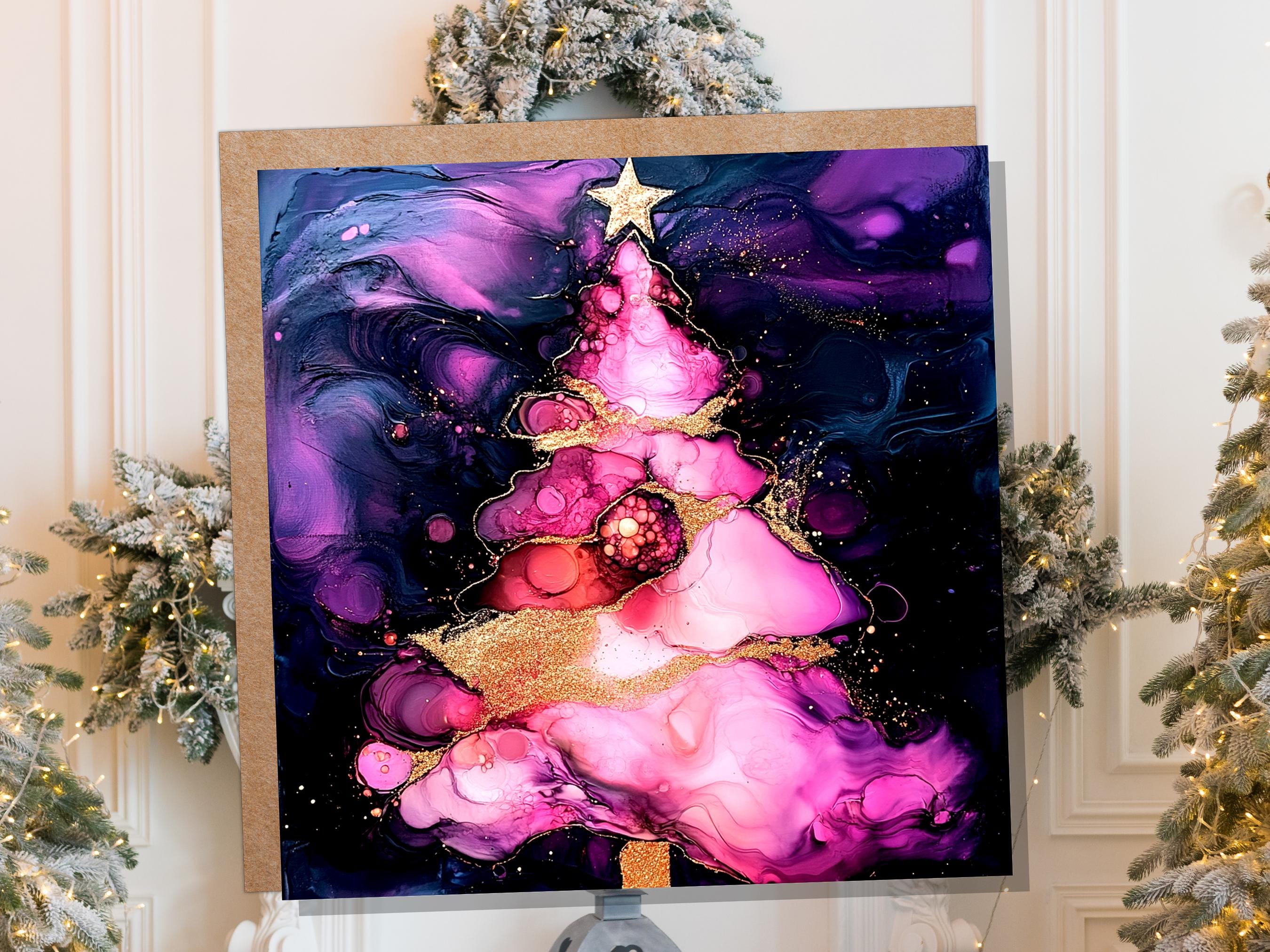 Alcohol Ink Christmas Tree Card Purple Pink Gold Abstract Festive Galaxy Unique Luxury Greetings for Friends & Family 2025 - View 7