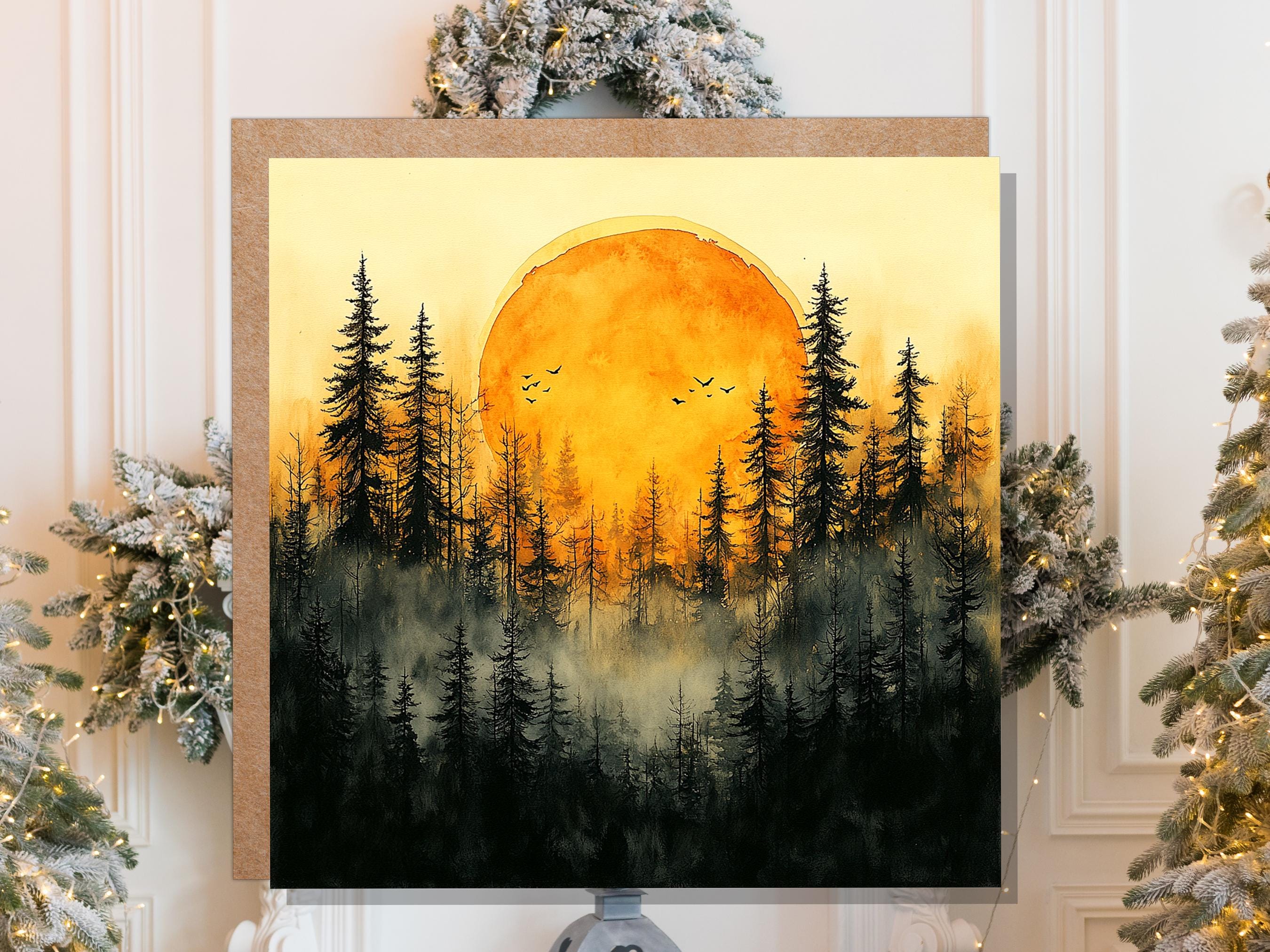Watercolour Sunset Card Golden Forest Silhouette Landscape Scene Misty Pine Trees Artistic Nature Lover Celestial Wilderness Any Occasion - View 7