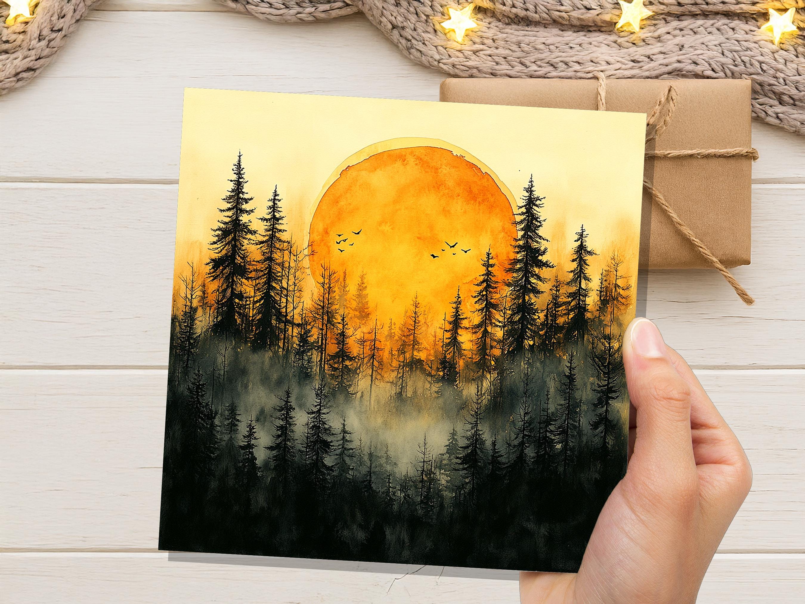 Watercolour Sunset Card Golden Forest Silhouette Landscape Scene Misty Pine Trees Artistic Nature Lover Celestial Wilderness Any Occasion