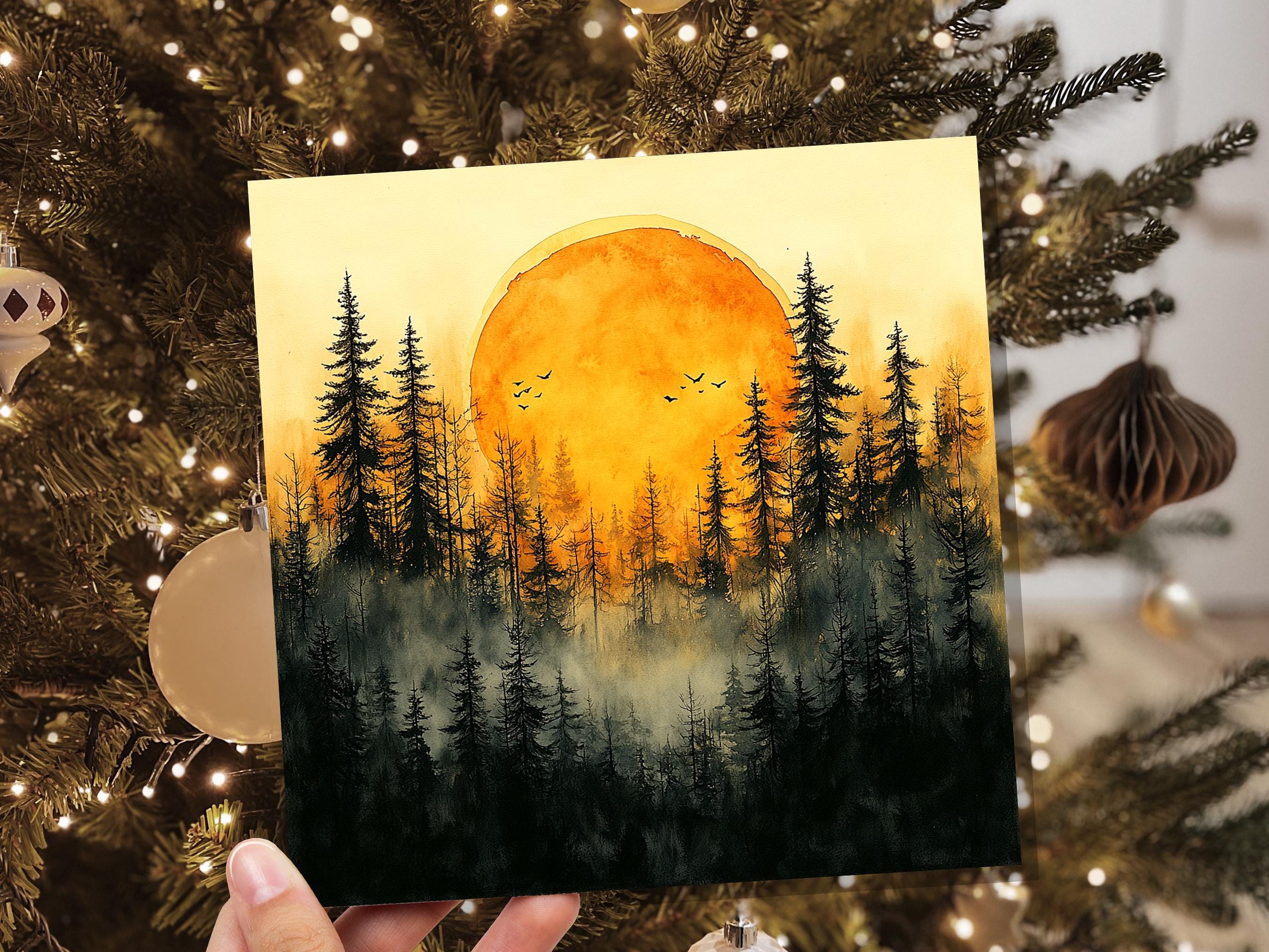 Watercolour Sunset Card Golden Forest Silhouette Landscape Scene Misty Pine Trees Artistic Nature Lover Celestial Wilderness Any Occasion - View 4