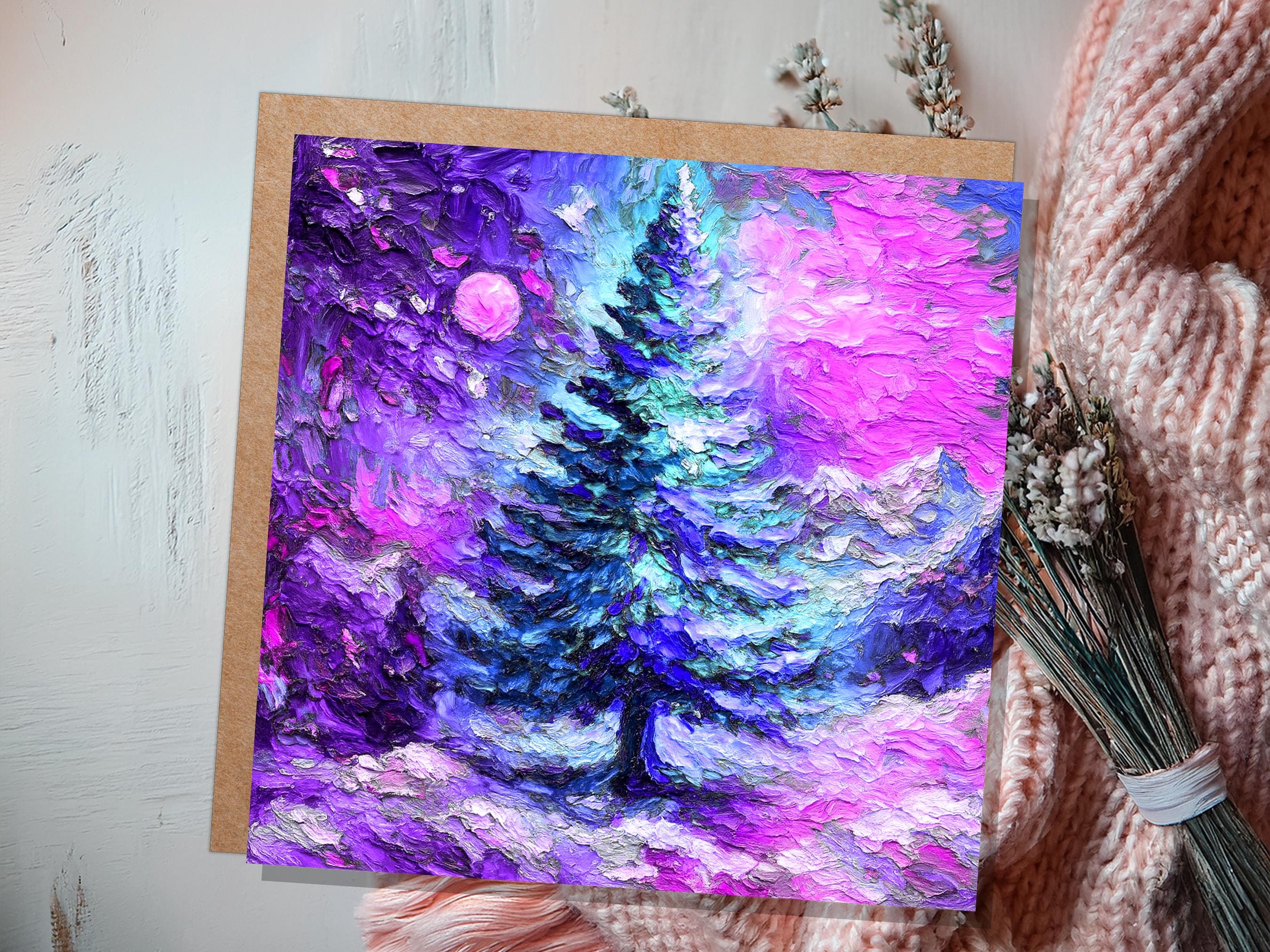Painterly Christmas Pine Tree Card Vibrant Impressionist Abstract Winter Landscape Textured Chunky Paint  Strokes Mystical Dreamy Magical - View 8