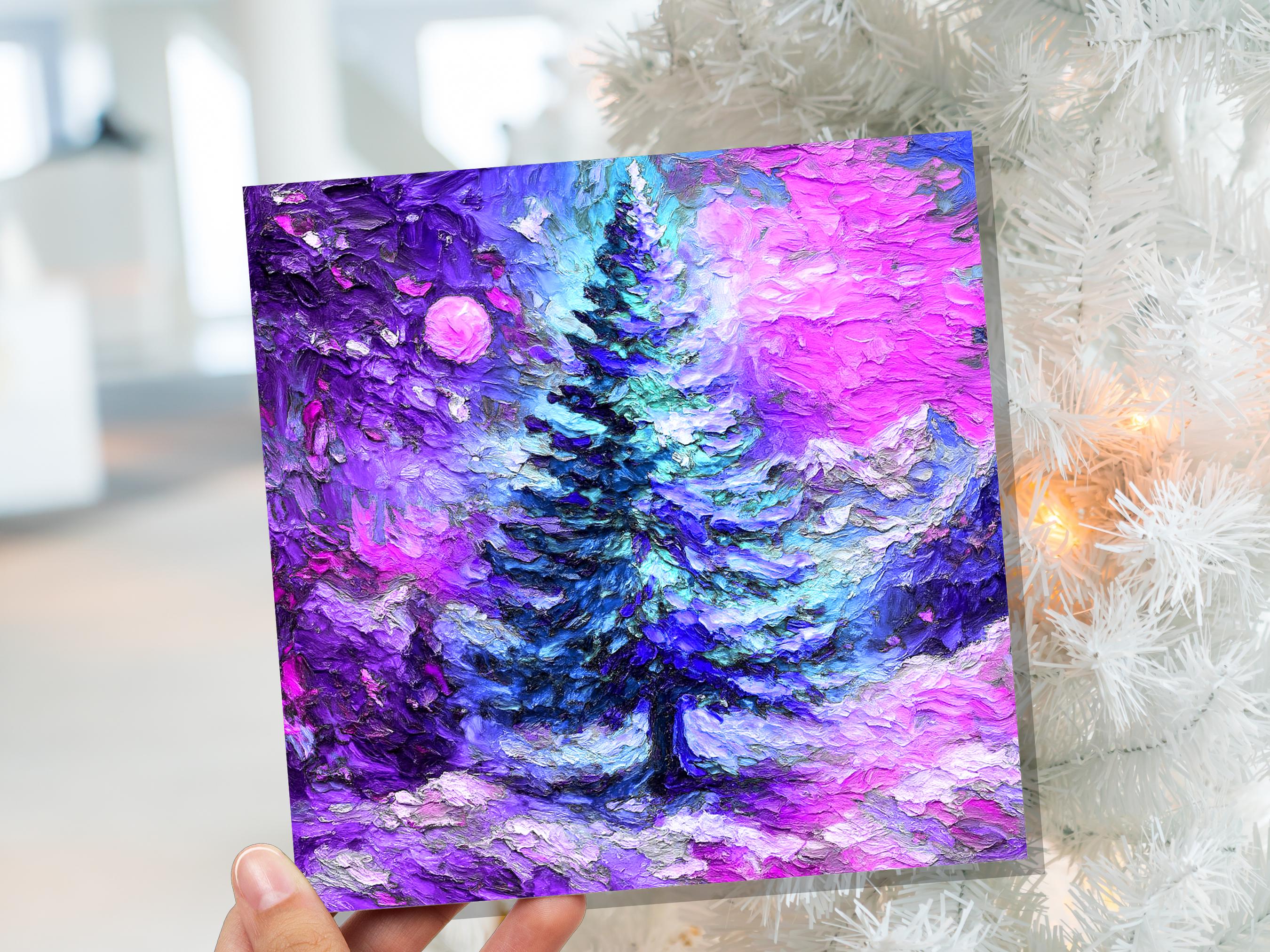 Painterly Christmas Pine Tree Card Vibrant Impressionist Abstract Winter Landscape Textured Chunky Paint  Strokes Mystical Dreamy Magical