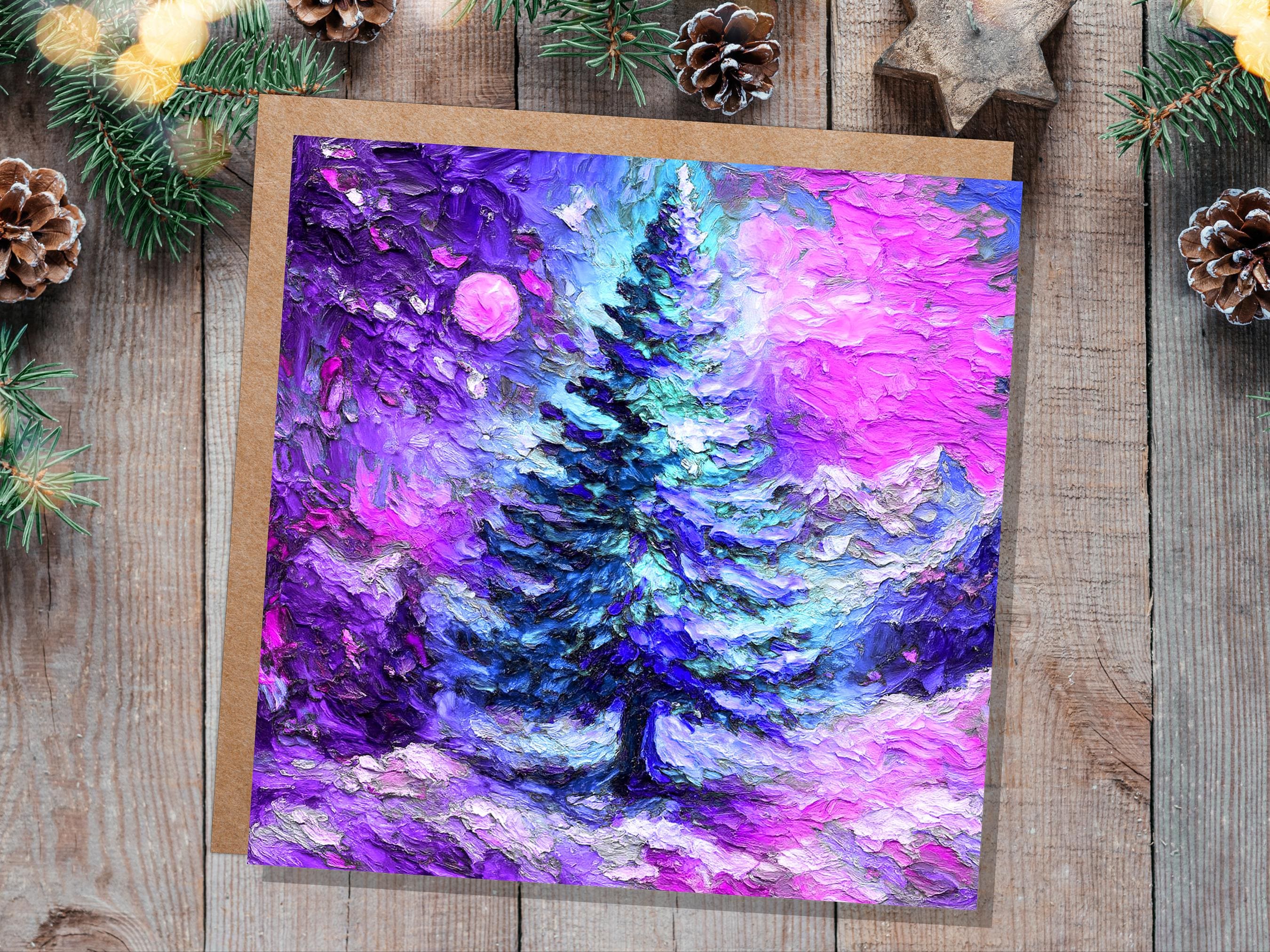 Painterly Christmas Pine Tree Card Vibrant Impressionist Abstract Winter Landscape Textured Chunky Paint  Strokes Mystical Dreamy Magical - View 9