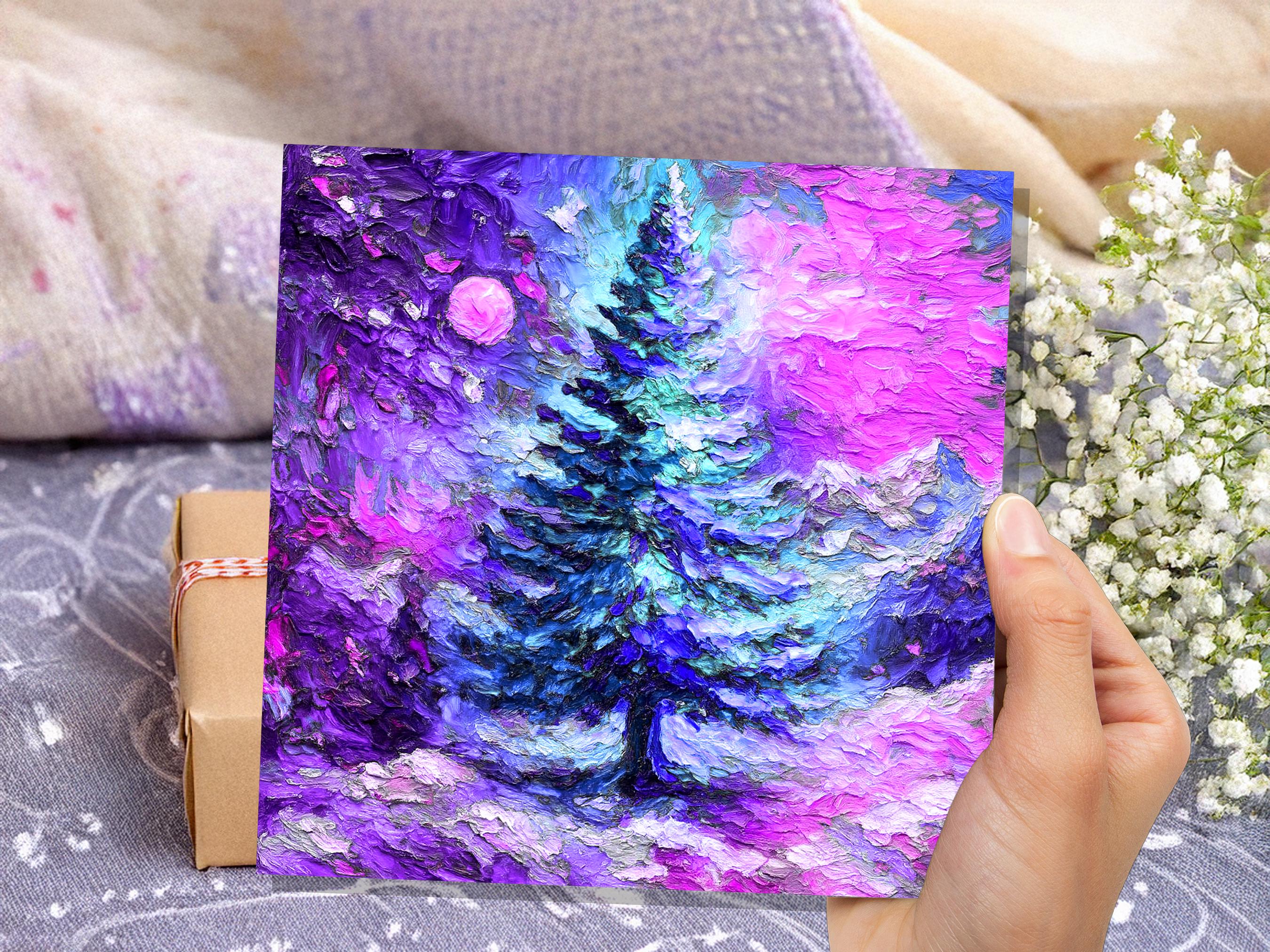 Painterly Christmas Pine Tree Card Vibrant Impressionist Abstract Winter Landscape Textured Chunky Paint  Strokes Mystical Dreamy Magical - View 2